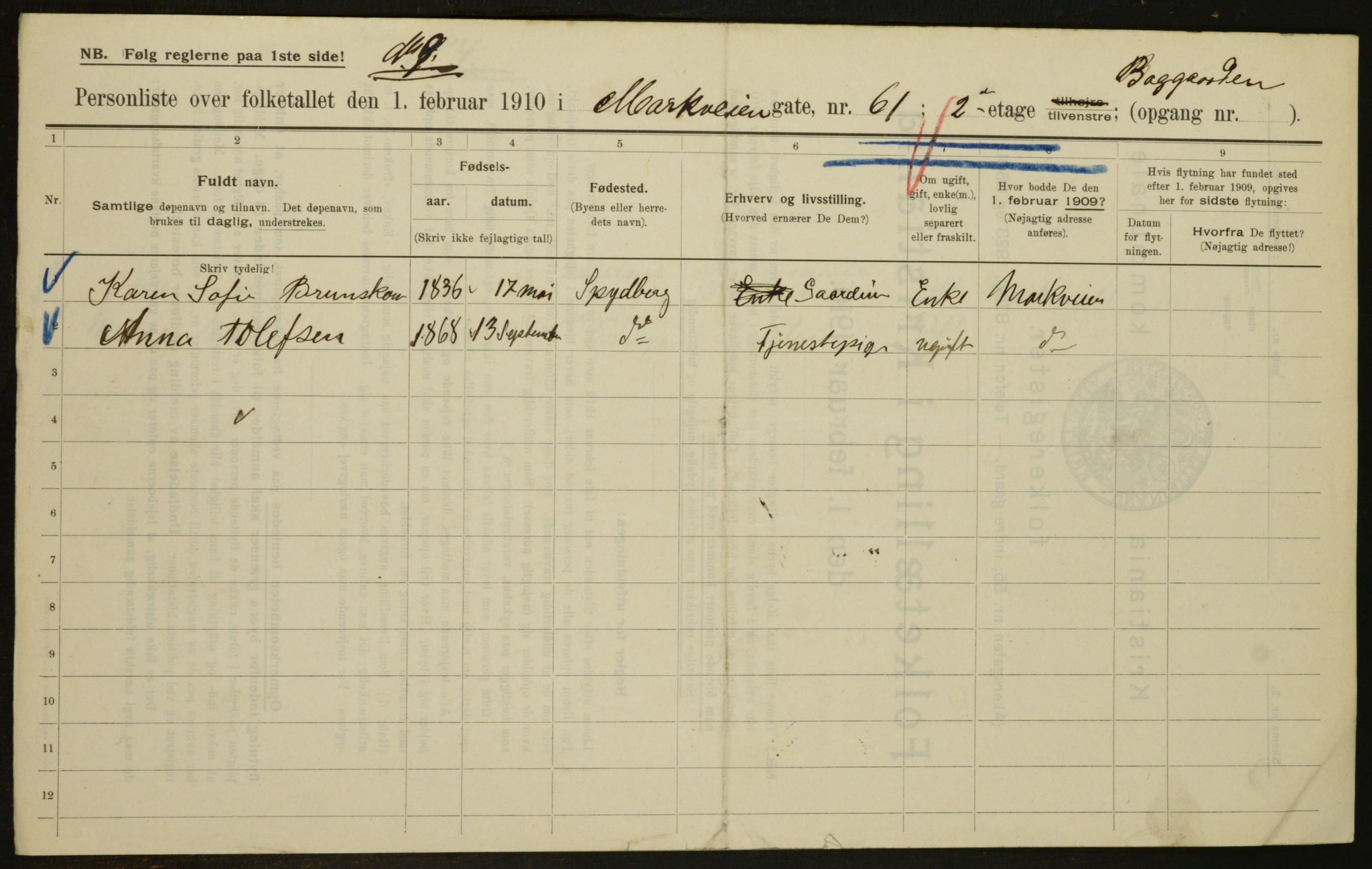 OBA, Municipal Census 1910 for Kristiania, 1910, p. 62313