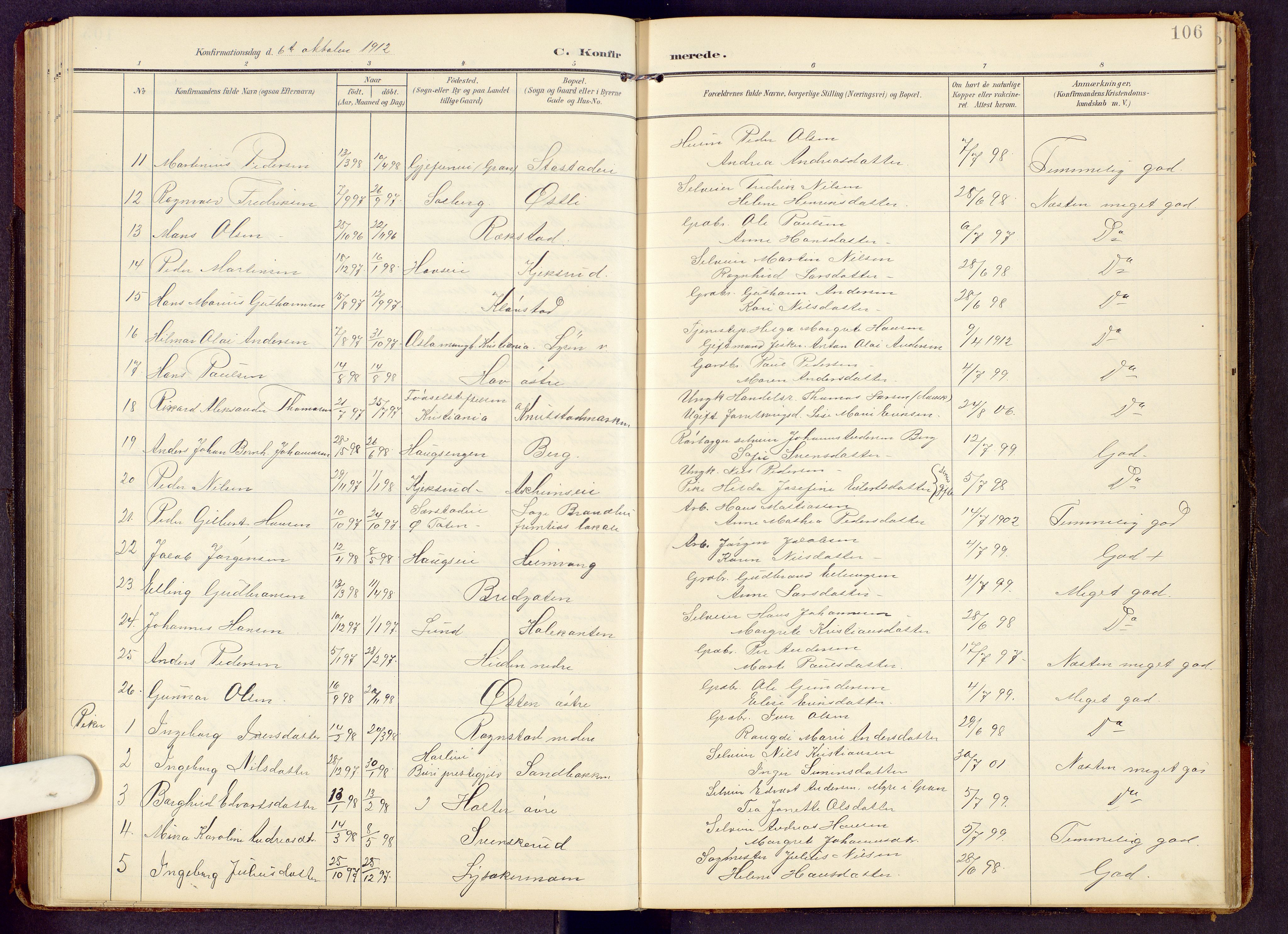 Brandbu prestekontor, SAH/PREST-114/H/Ha/Hab/L0009: Parish register (copy) no. 9, 1903-1916, p. 106