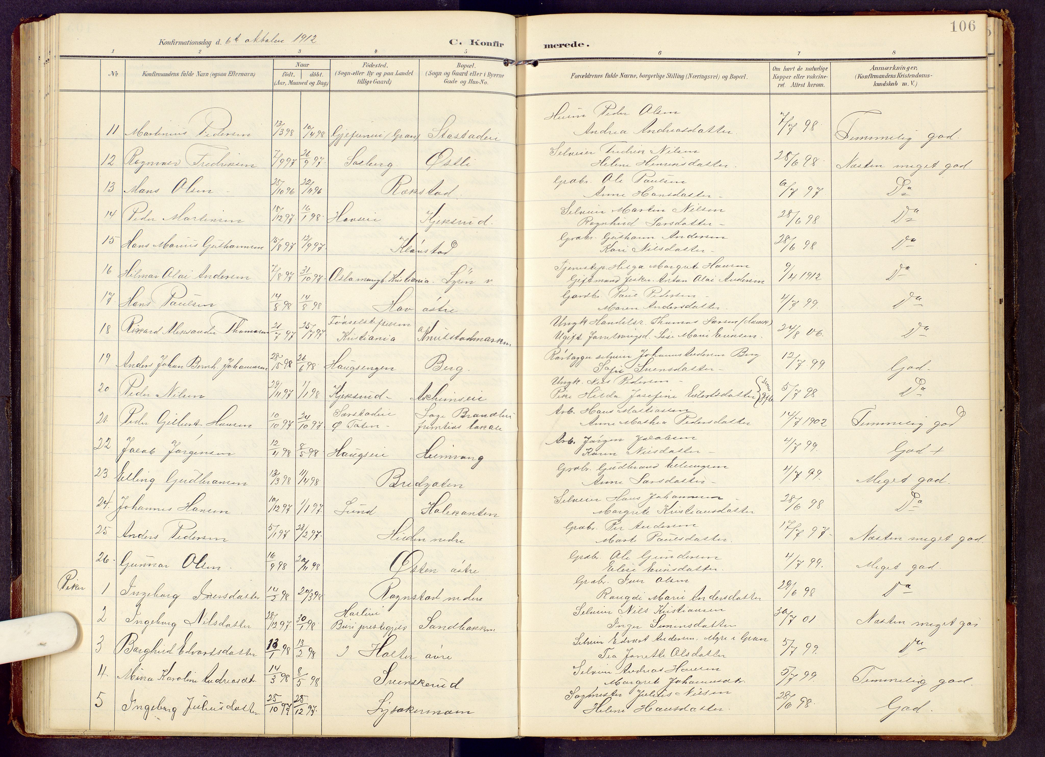 Brandbu prestekontor, AV/SAH-PREST-114/H/Ha/Hab/L0009: Parish register (copy) no. 9, 1903-1916, p. 106