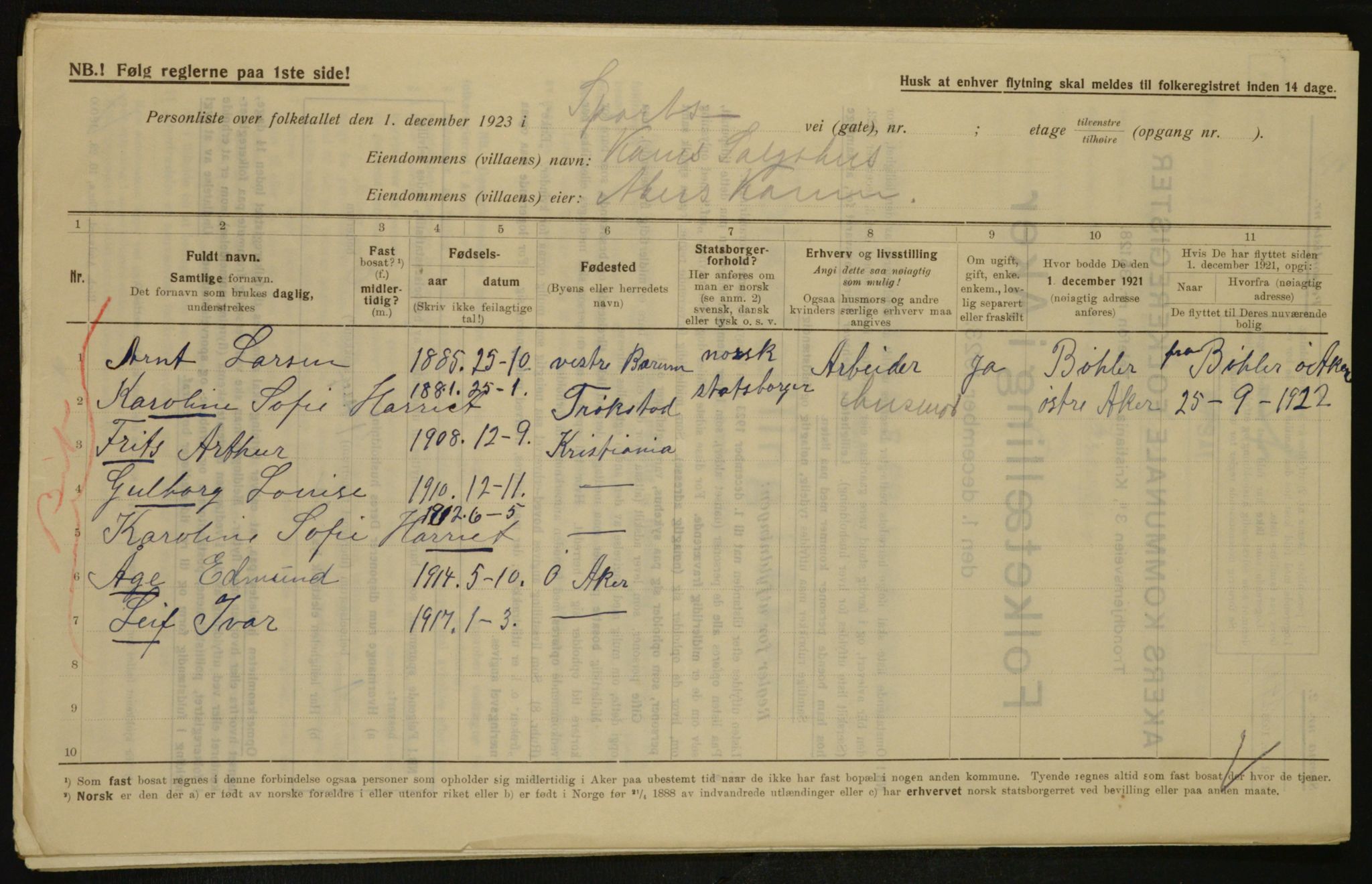 , Municipal Census 1923 for Aker, 1923, p. 31275