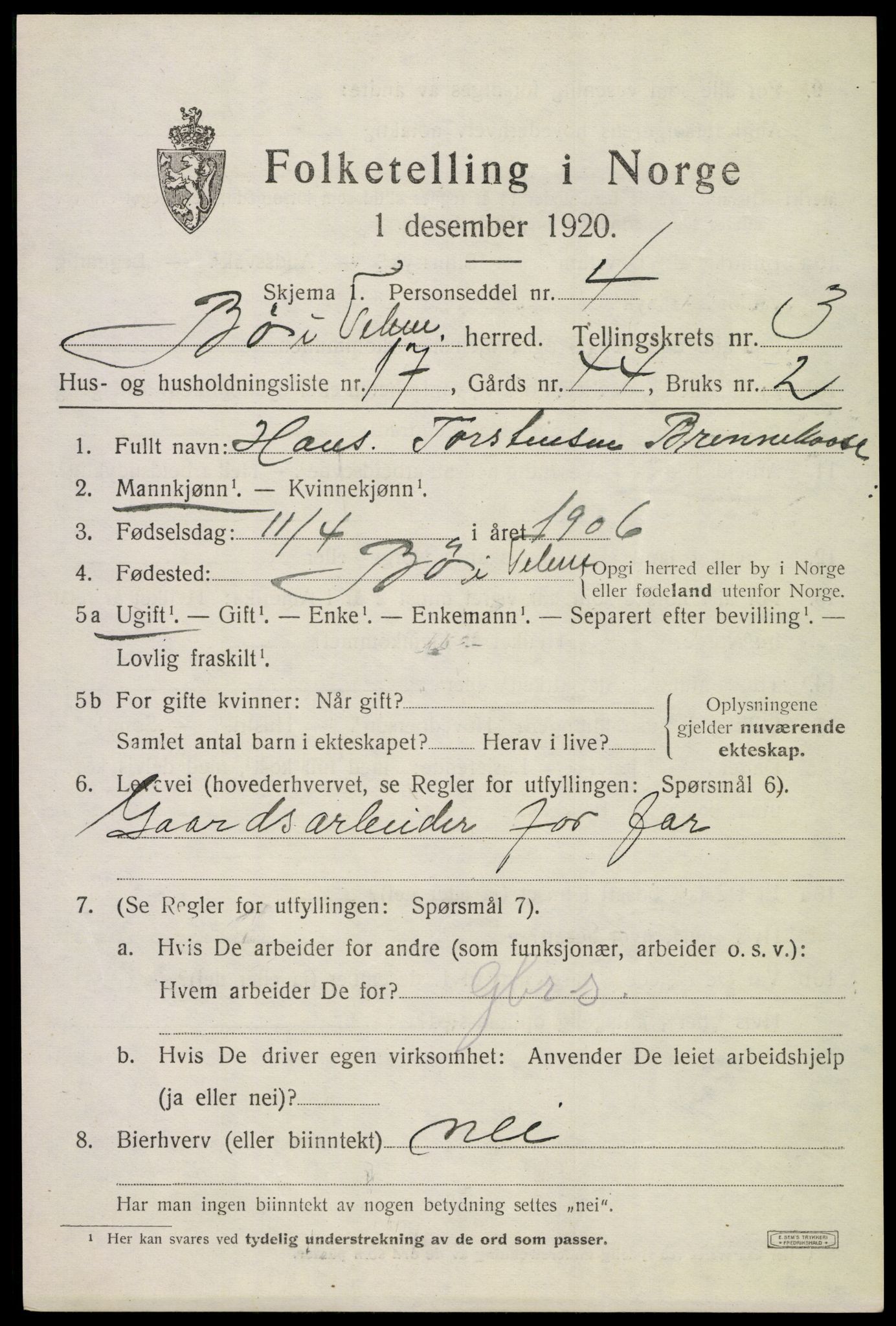 SAKO, 1920 census for Bø (Telemark), 1920, p. 2838