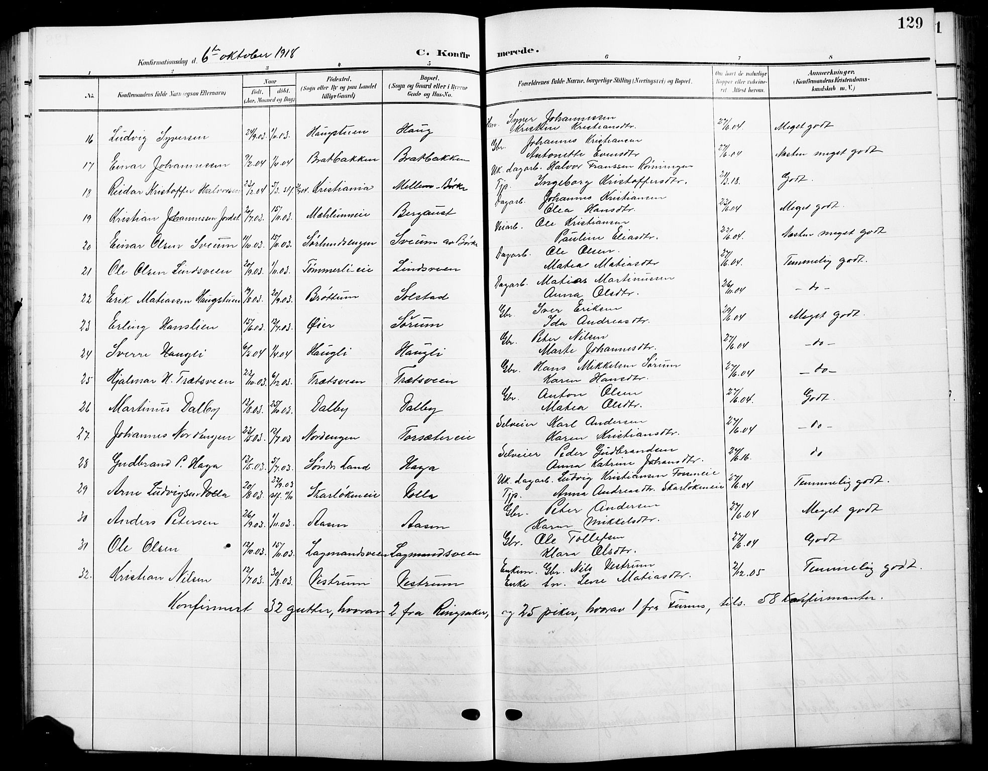 Ringsaker prestekontor, AV/SAH-PREST-014/L/La/L0017: Parish register (copy) no. 17, 1905-1920, p. 129