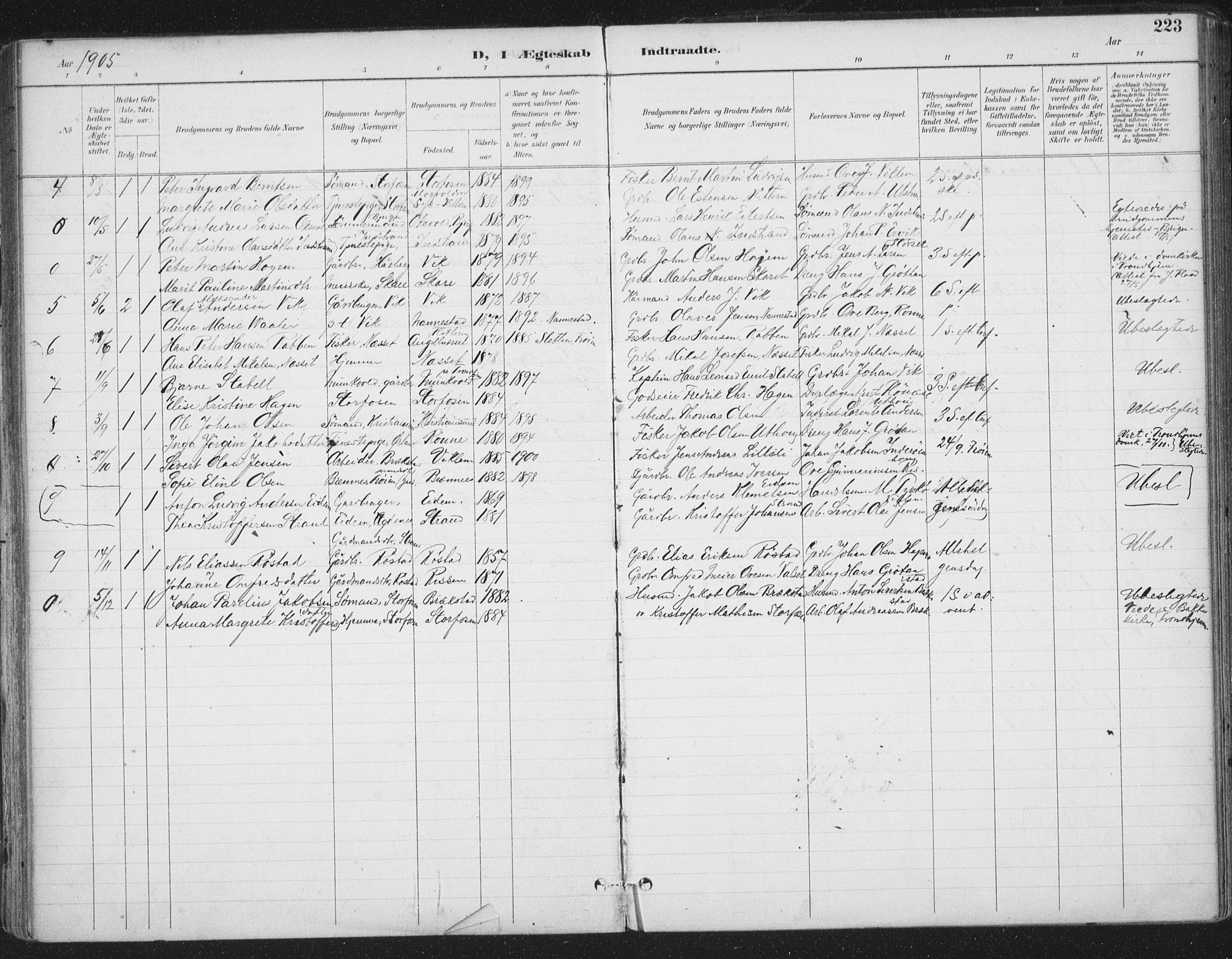 Ministerialprotokoller, klokkerbøker og fødselsregistre - Sør-Trøndelag, SAT/A-1456/659/L0743: Parish register (official) no. 659A13, 1893-1910, p. 223