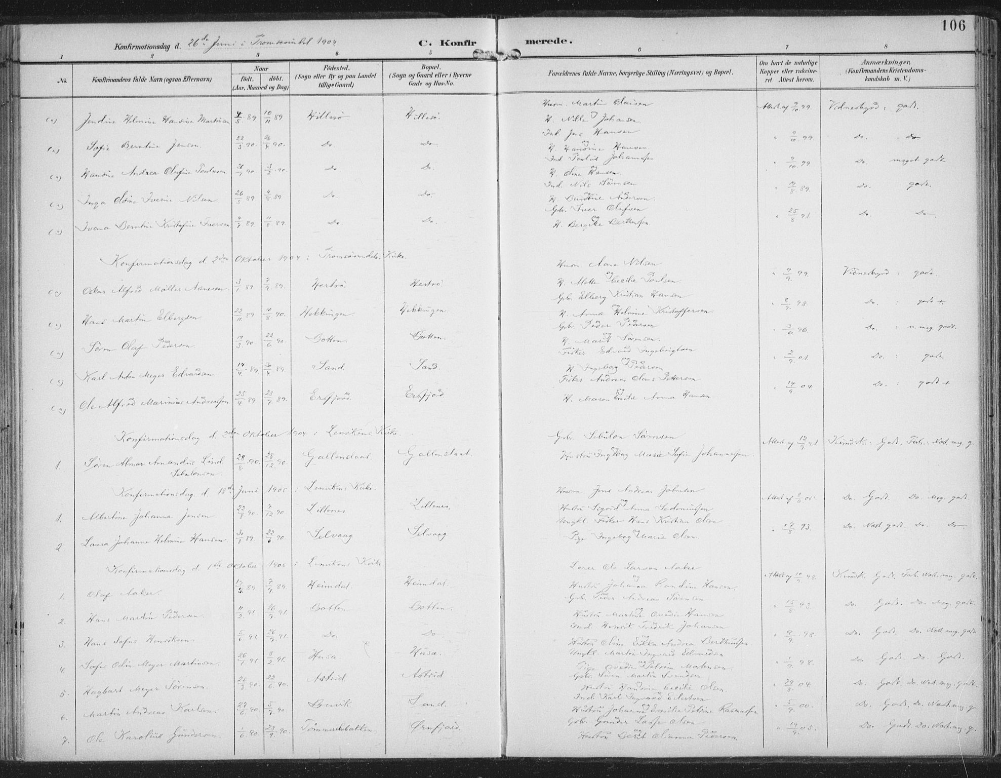 Lenvik sokneprestembete, SATØ/S-1310/H/Ha/Haa/L0015kirke: Parish register (official) no. 15, 1896-1915, p. 106