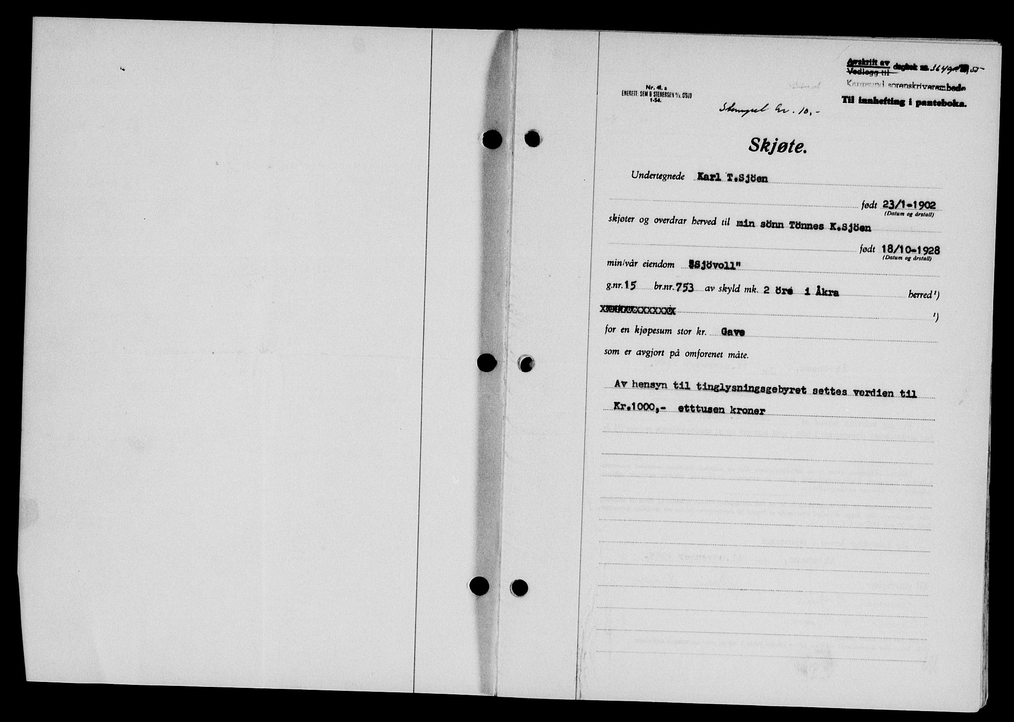 Karmsund sorenskriveri, SAST/A-100311/01/II/IIB/L0117: Mortgage book no. 97Aa, 1955-1955, Diary no: : 3649/1955