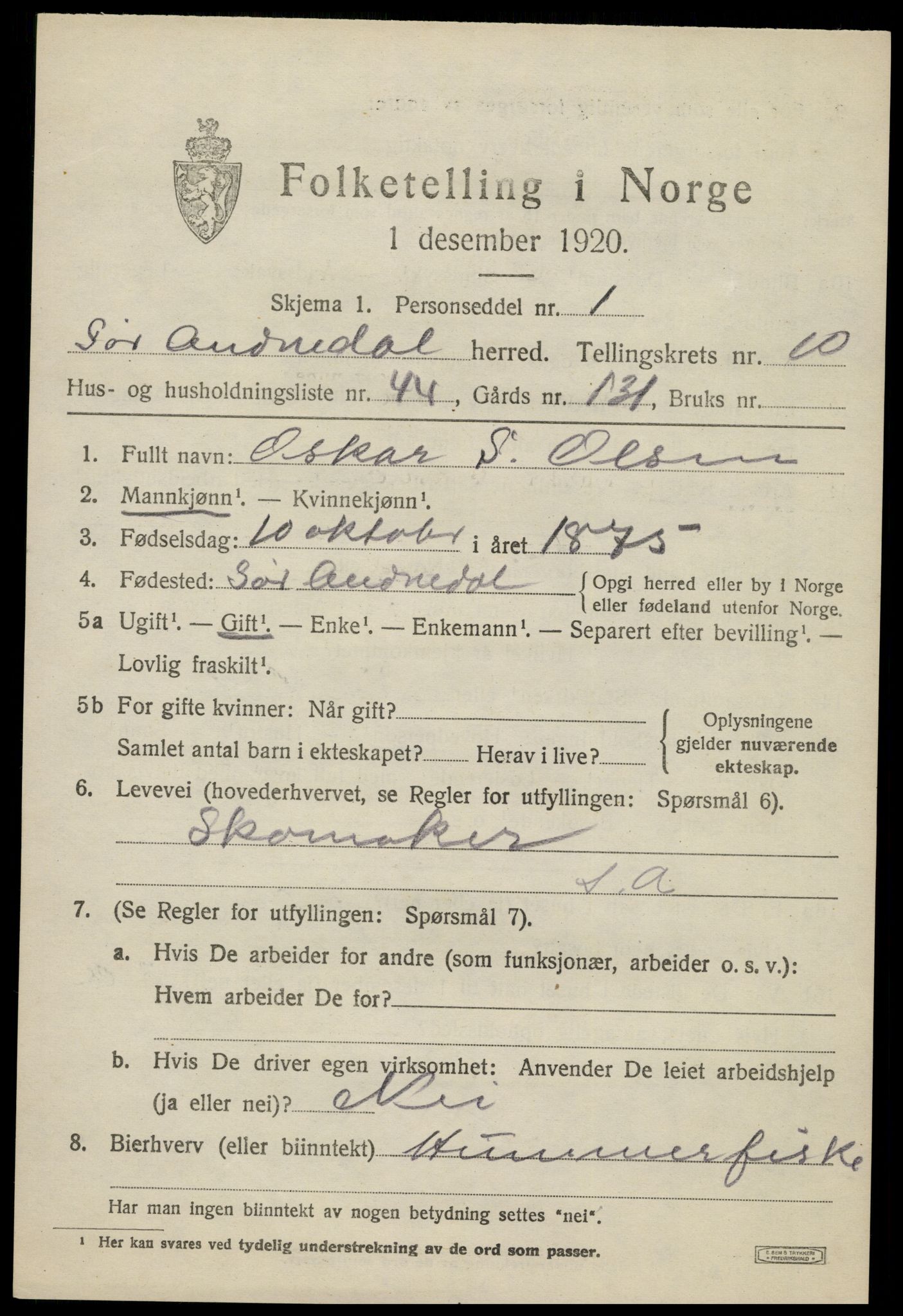 SAK, 1920 census for Sør-Audnedal, 1920, p. 4203