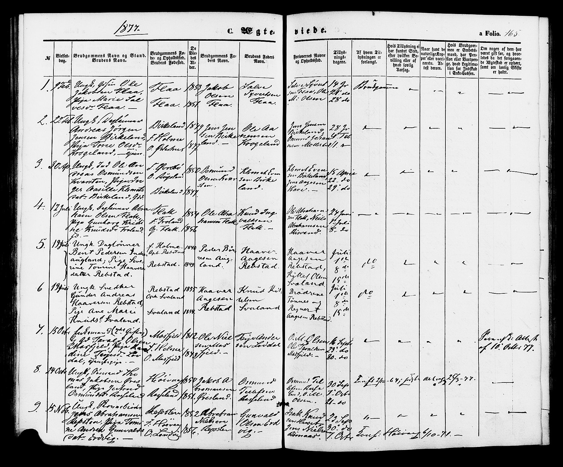 Birkenes sokneprestkontor, AV/SAK-1111-0004/F/Fa/L0004: Parish register (official) no. A 4, 1867-1886, p. 165