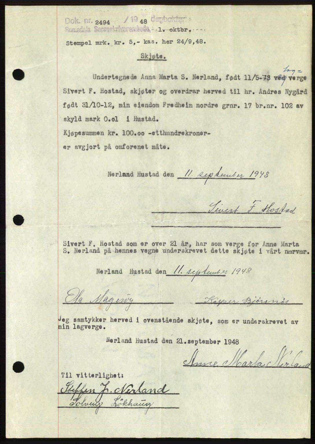 Romsdal sorenskriveri, AV/SAT-A-4149/1/2/2C: Mortgage book no. A27, 1948-1948, Diary no: : 2494/1948