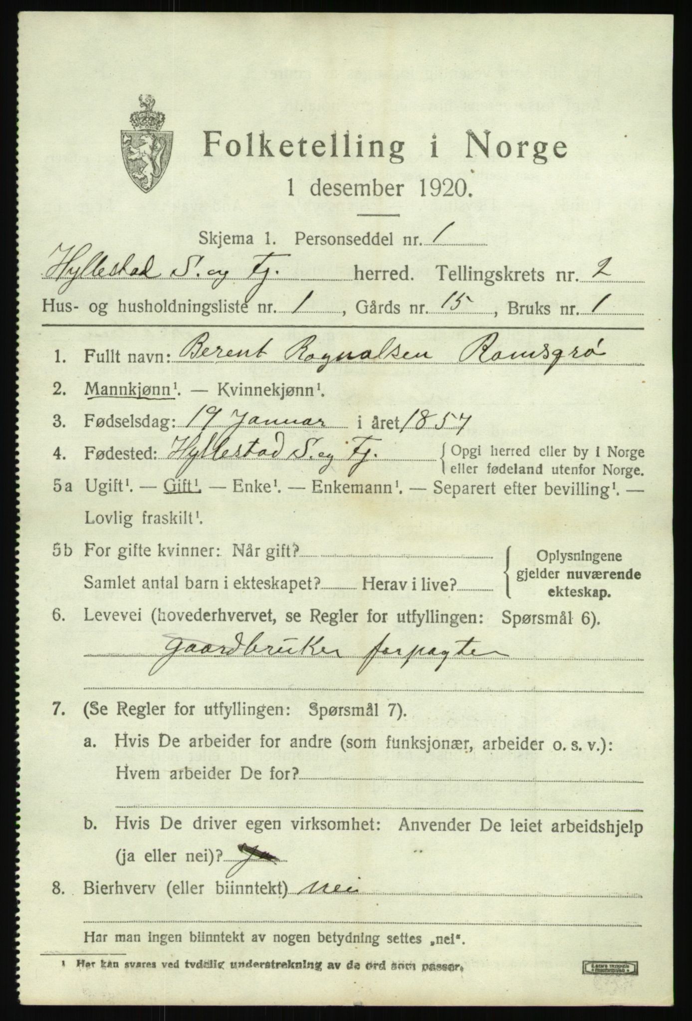 SAB, 1920 census for Hyllestad, 1920, p. 1378