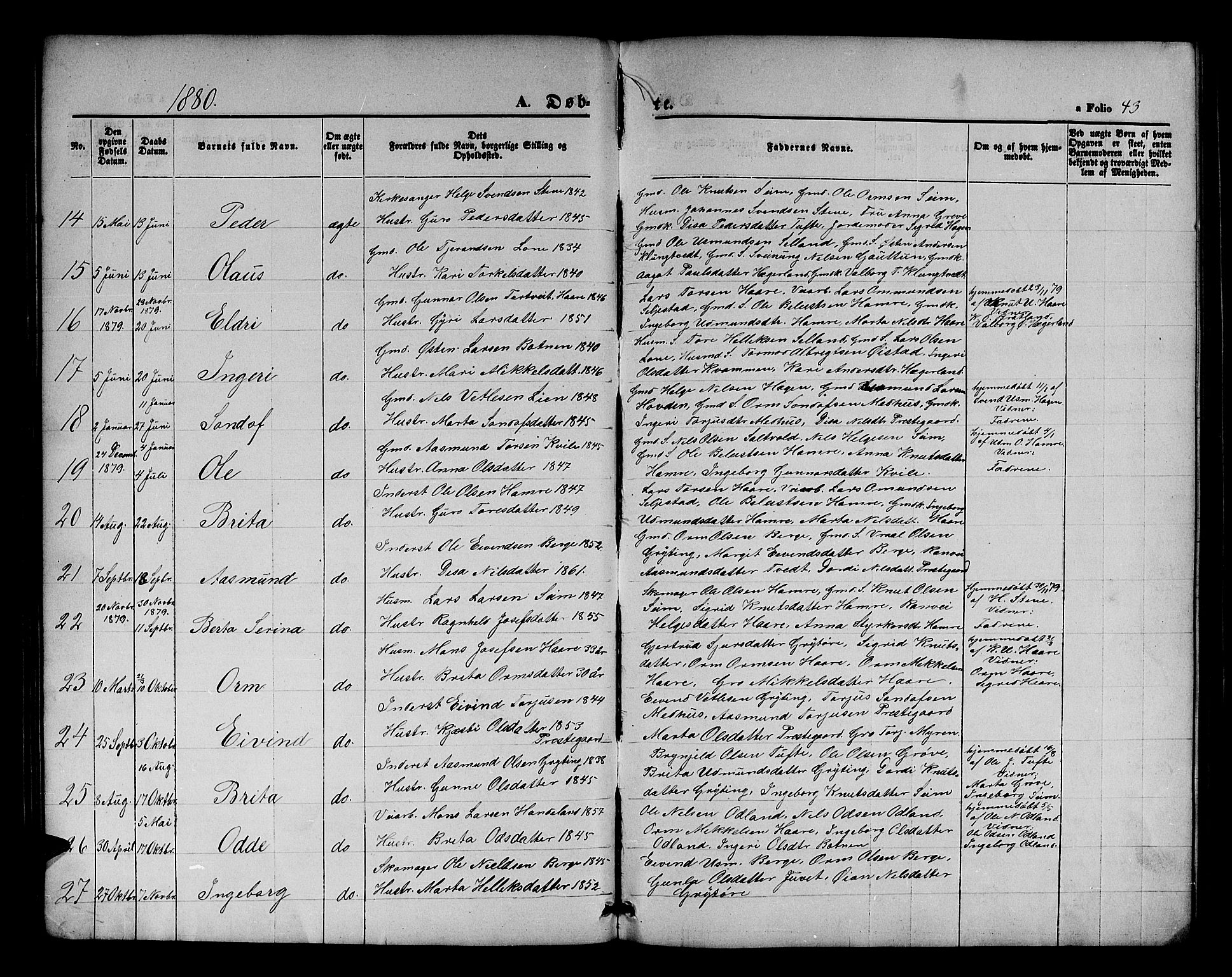 Røldal sokneprestembete, SAB/A-100247: Parish register (copy) no. A 2, 1861-1886, p. 43