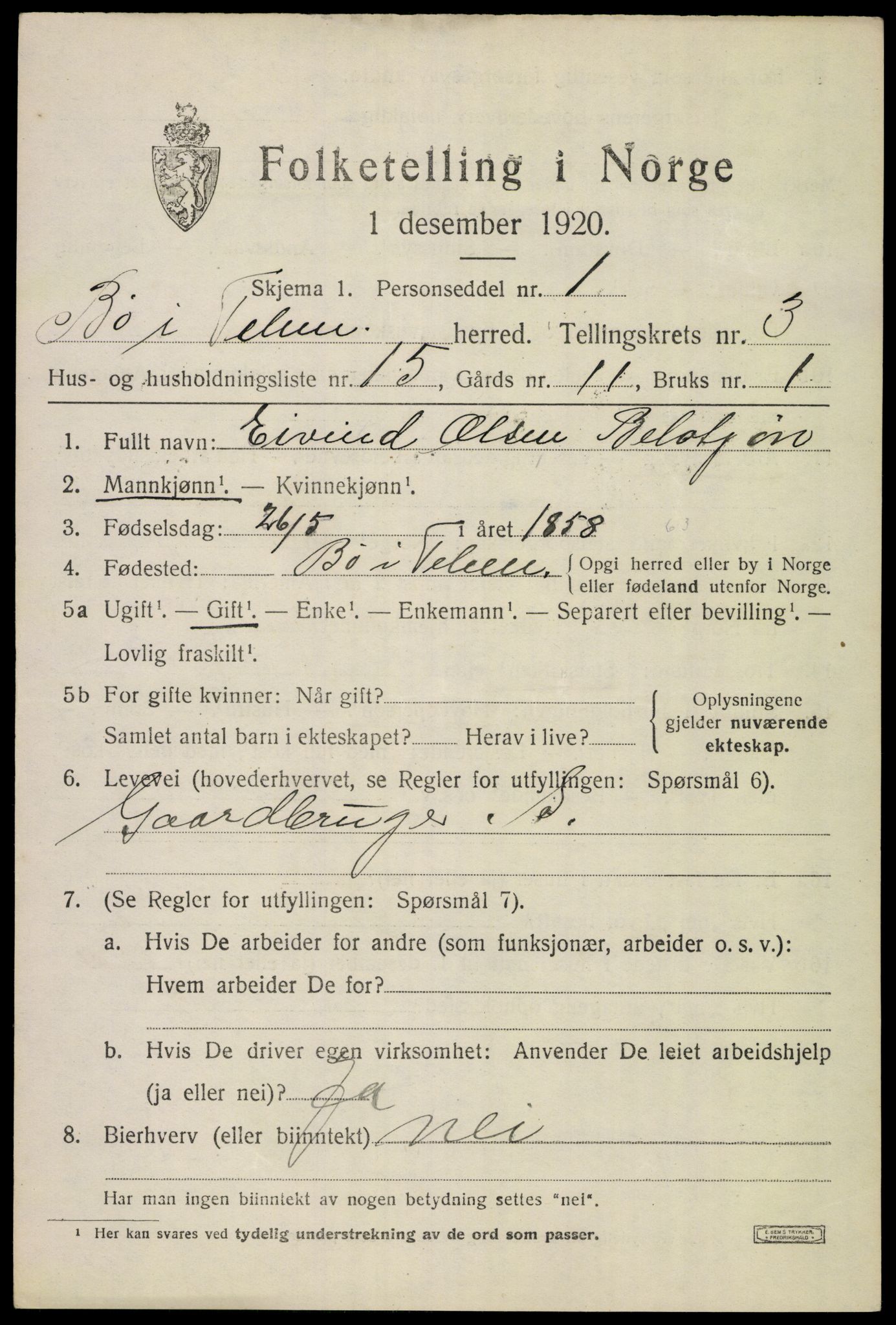 SAKO, 1920 census for Bø (Telemark), 1920, p. 2814