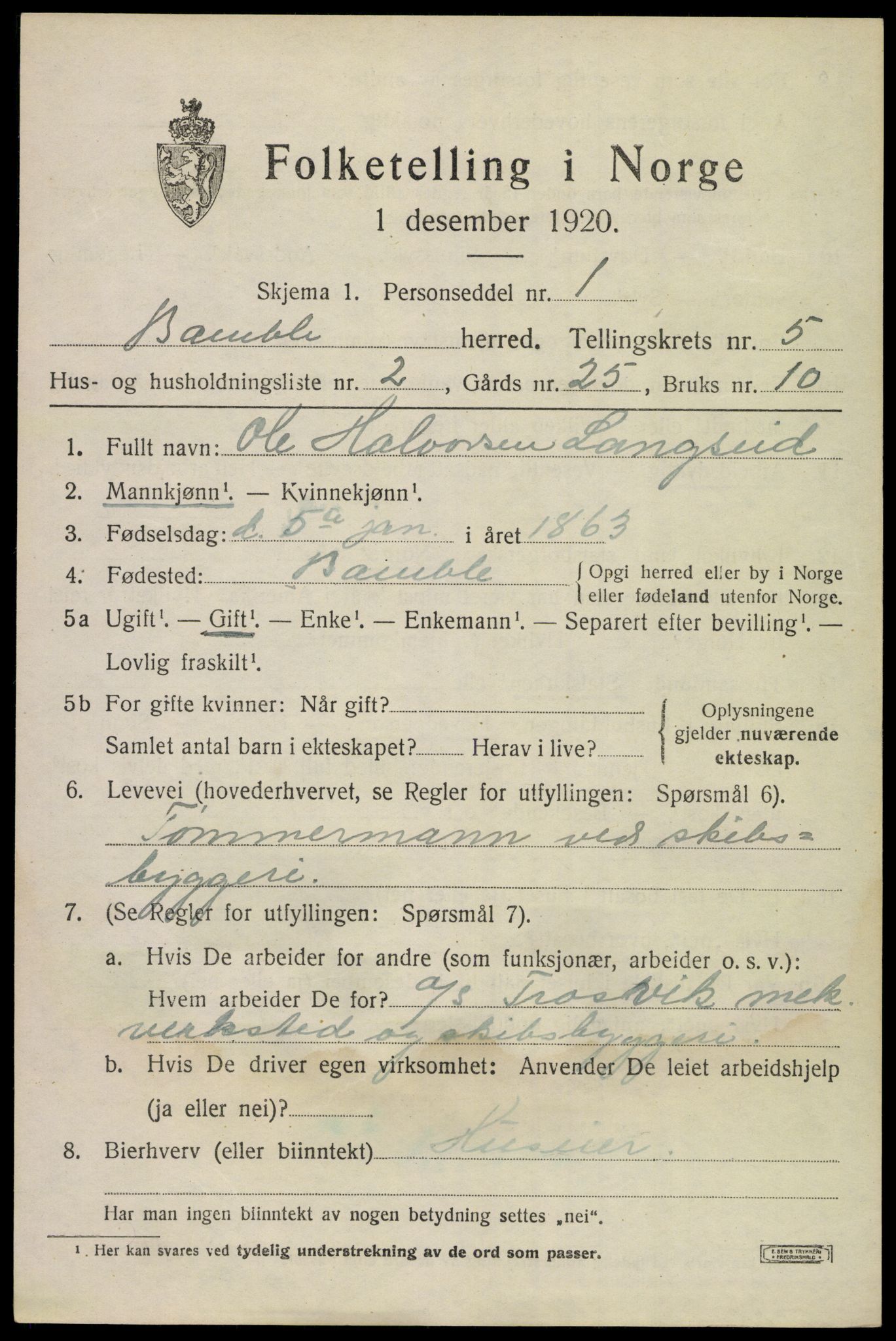 SAKO, 1920 census for Bamble, 1920, p. 4965