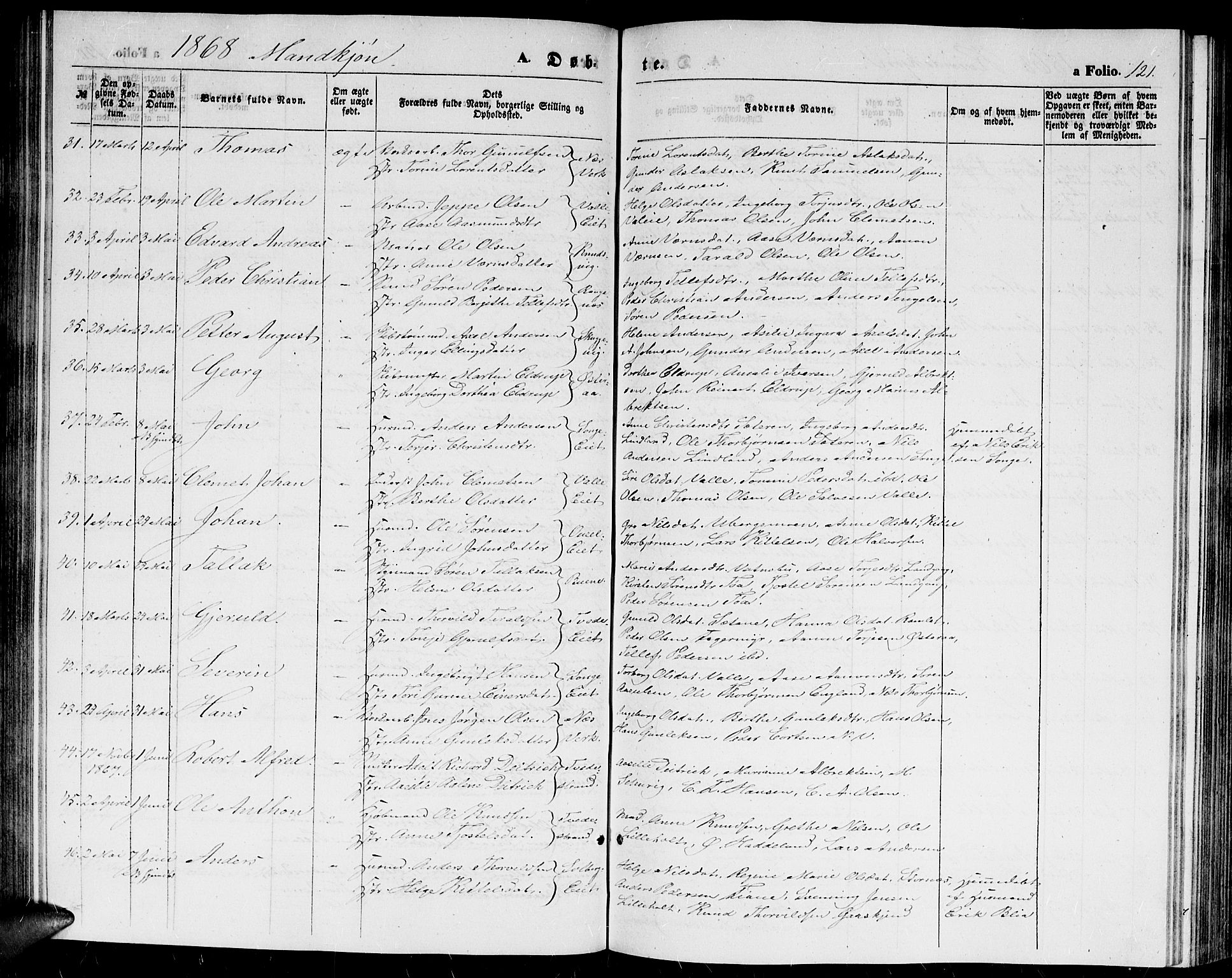 Holt sokneprestkontor, AV/SAK-1111-0021/F/Fb/L0008: Parish register (copy) no. B 8, 1858-1871, p. 121