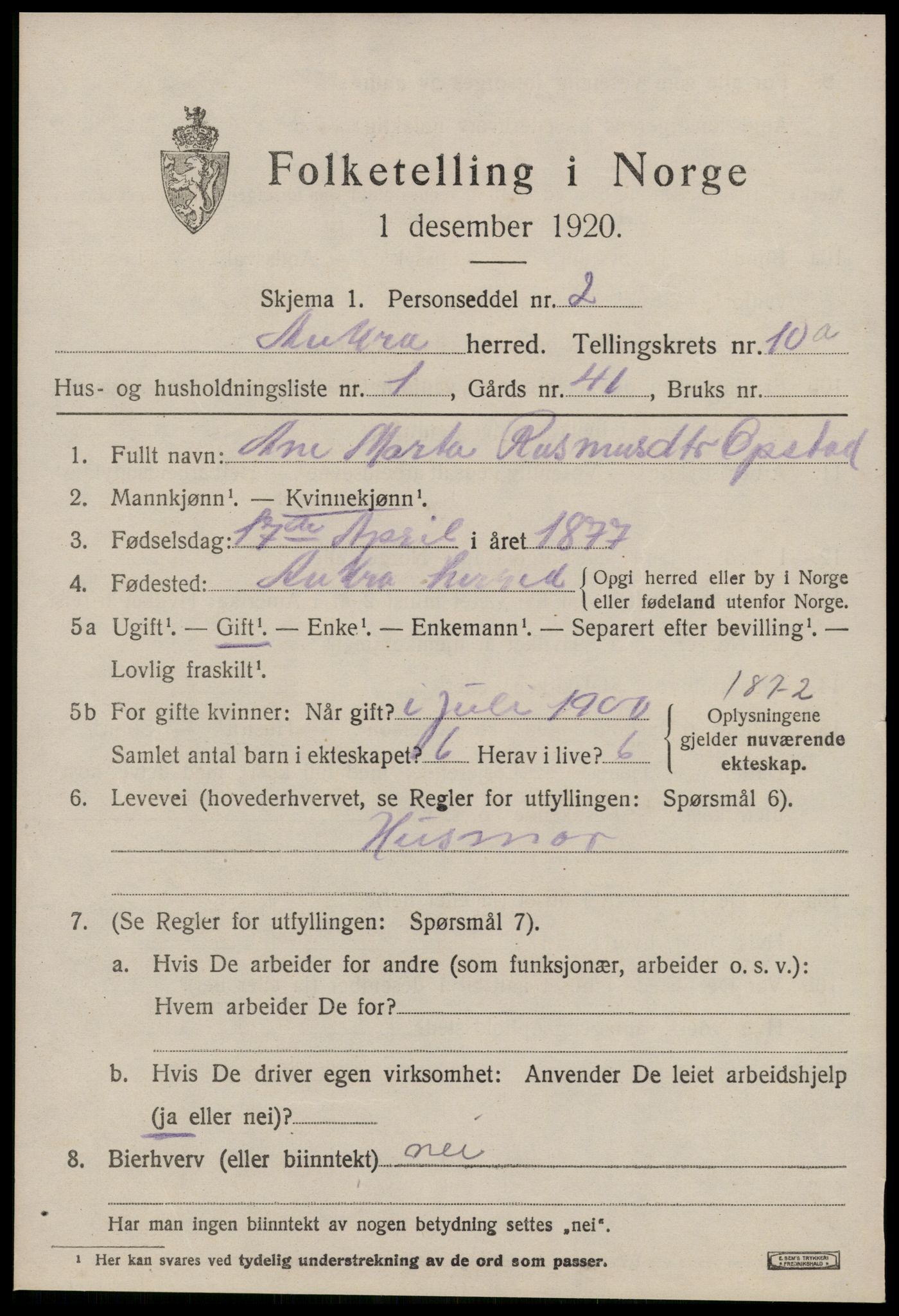 SAT, 1920 census for Aukra, 1920, p. 4841