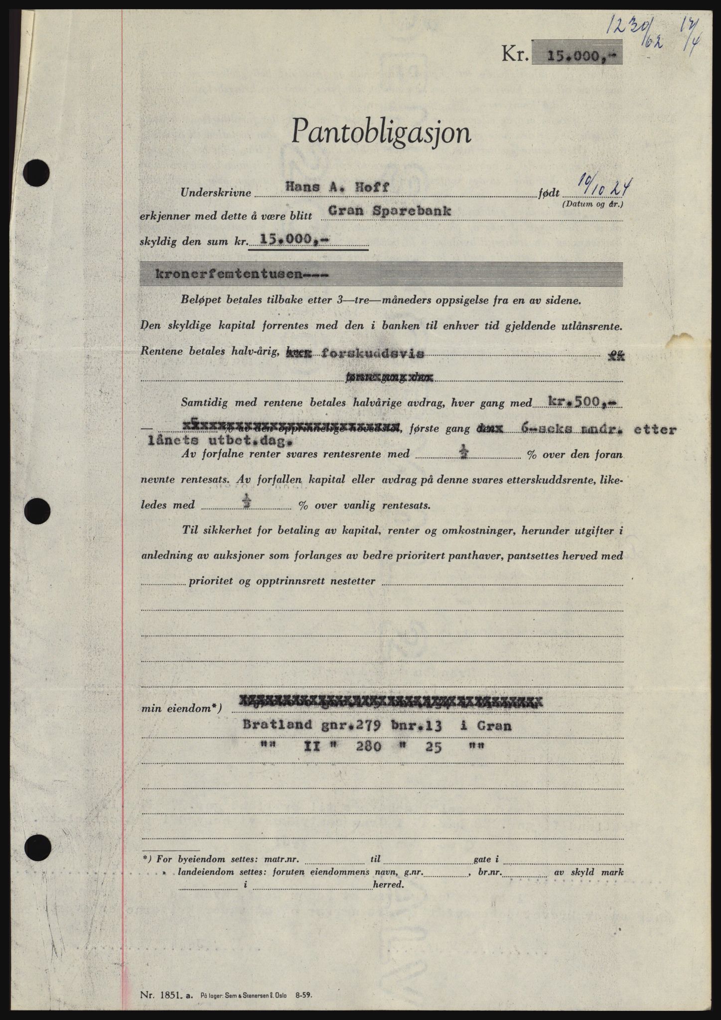 Hadeland og Land tingrett, AV/SAH-TING-010/H/Hb/Hbc/L0048: Mortgage book no. B48, 1962-1962, Diary no: : 1230/1962