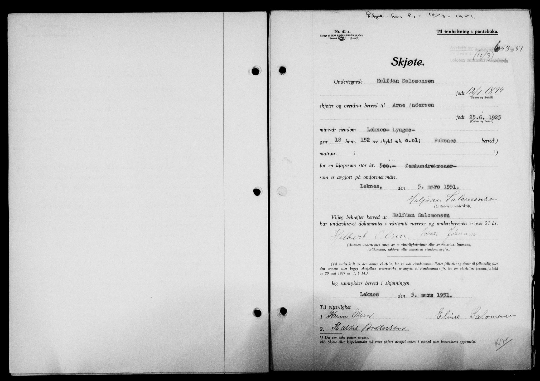 Lofoten sorenskriveri, SAT/A-0017/1/2/2C/L0025a: Mortgage book no. 25a, 1950-1951, Diary no: : 653/1951