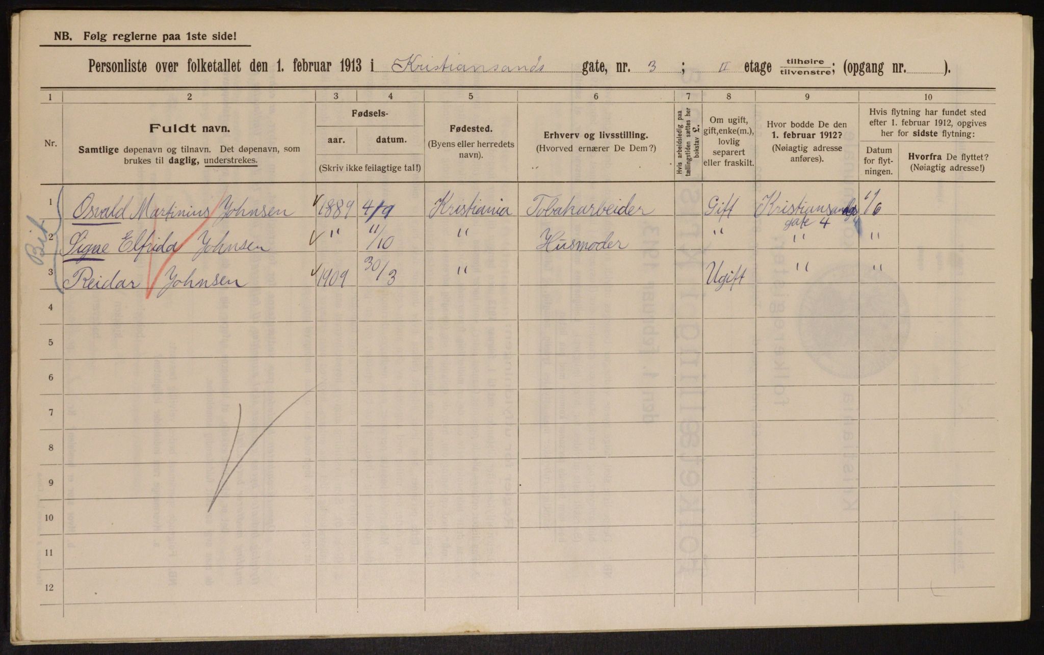 OBA, Municipal Census 1913 for Kristiania, 1913, p. 53957