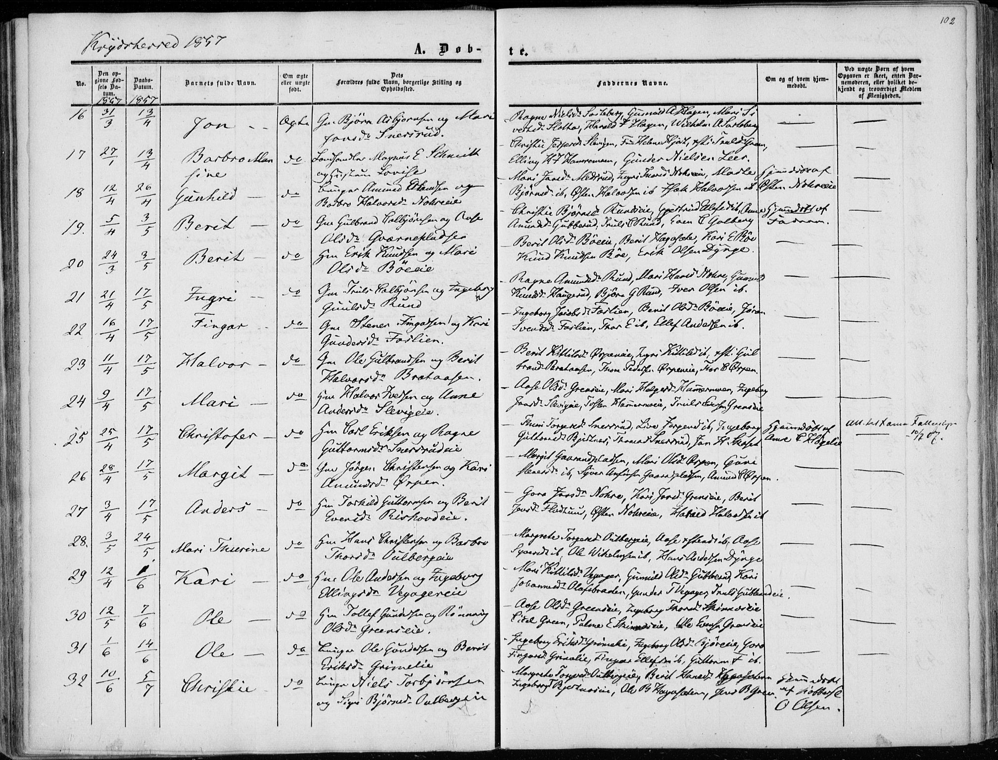 Sigdal kirkebøker, AV/SAKO-A-245/F/Fa/L0008: Parish register (official) no. I 8, 1850-1859, p. 102