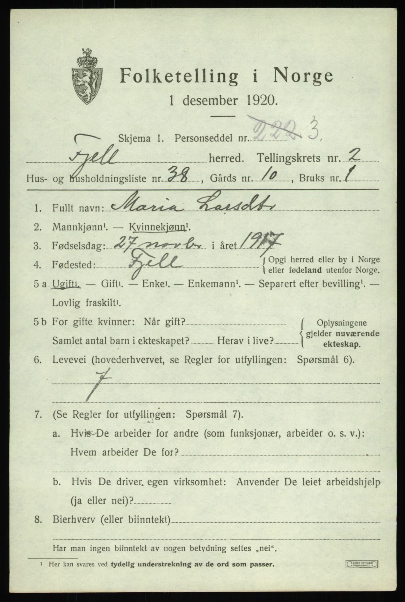 SAB, 1920 census for Fjell, 1920, p. 2692