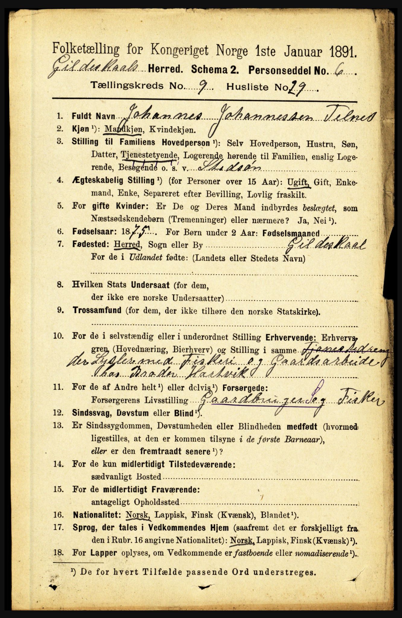 RA, 1891 census for 1838 Gildeskål, 1891, p. 2892