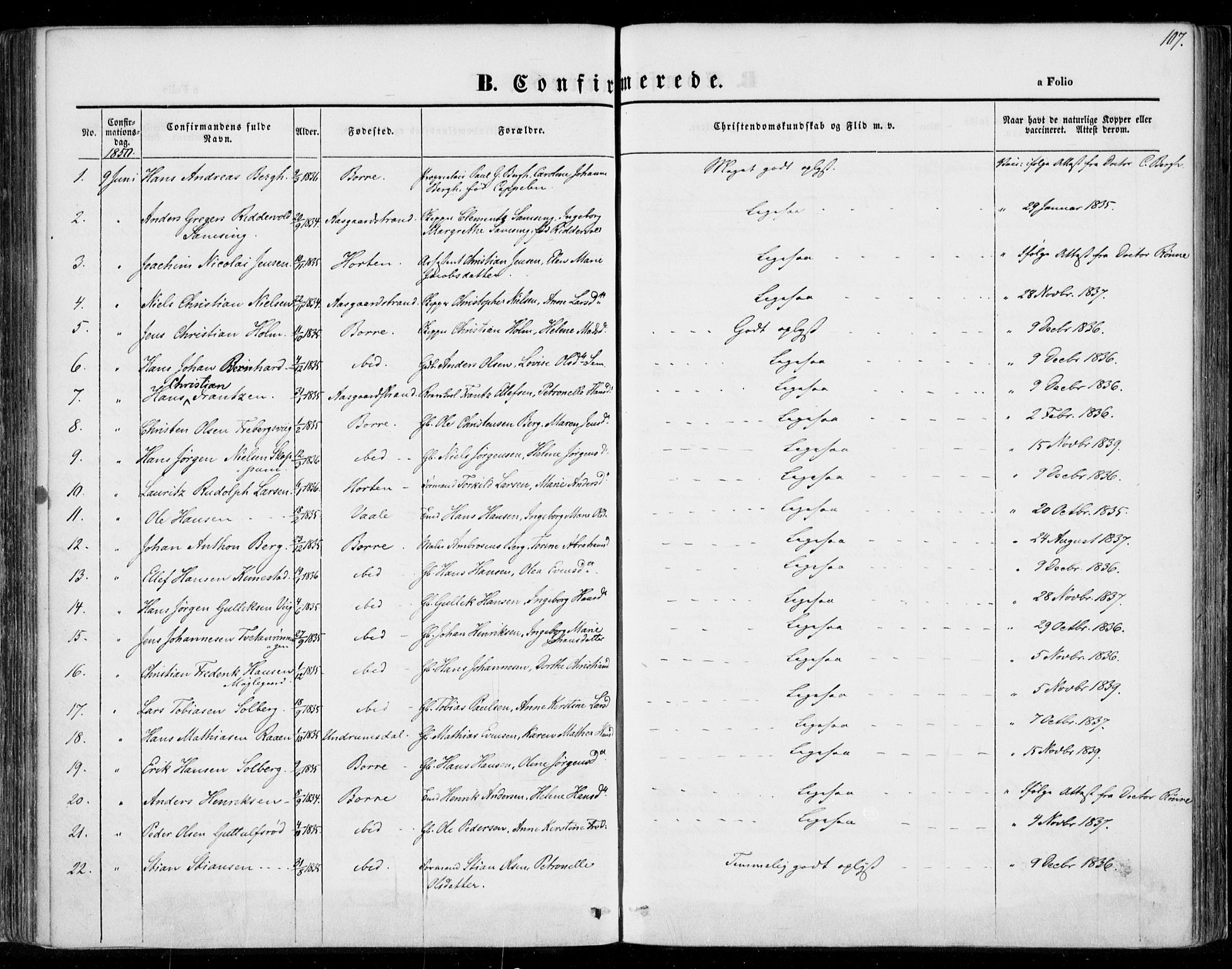 Borre kirkebøker, SAKO/A-338/F/Fa/L0005: Parish register (official) no. I 5, 1845-1851, p. 107