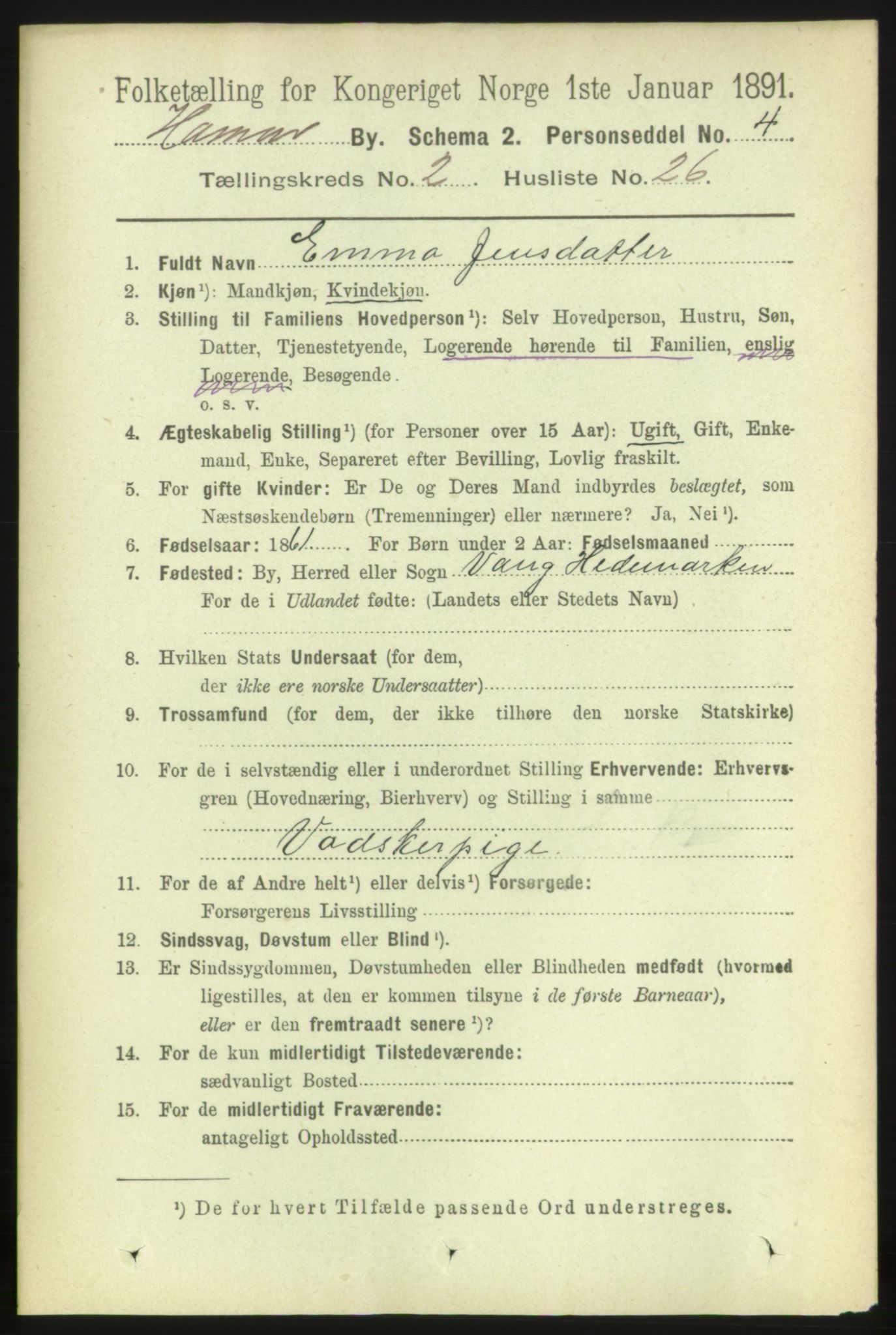 RA, 1891 census for 0401 Hamar, 1891, p. 1372