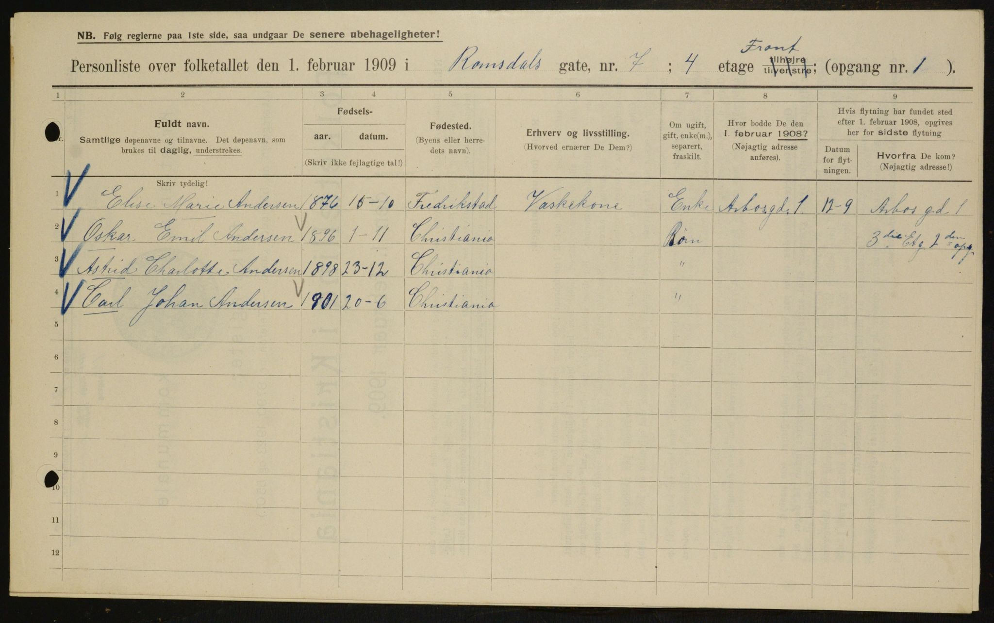 OBA, Municipal Census 1909 for Kristiania, 1909, p. 75509