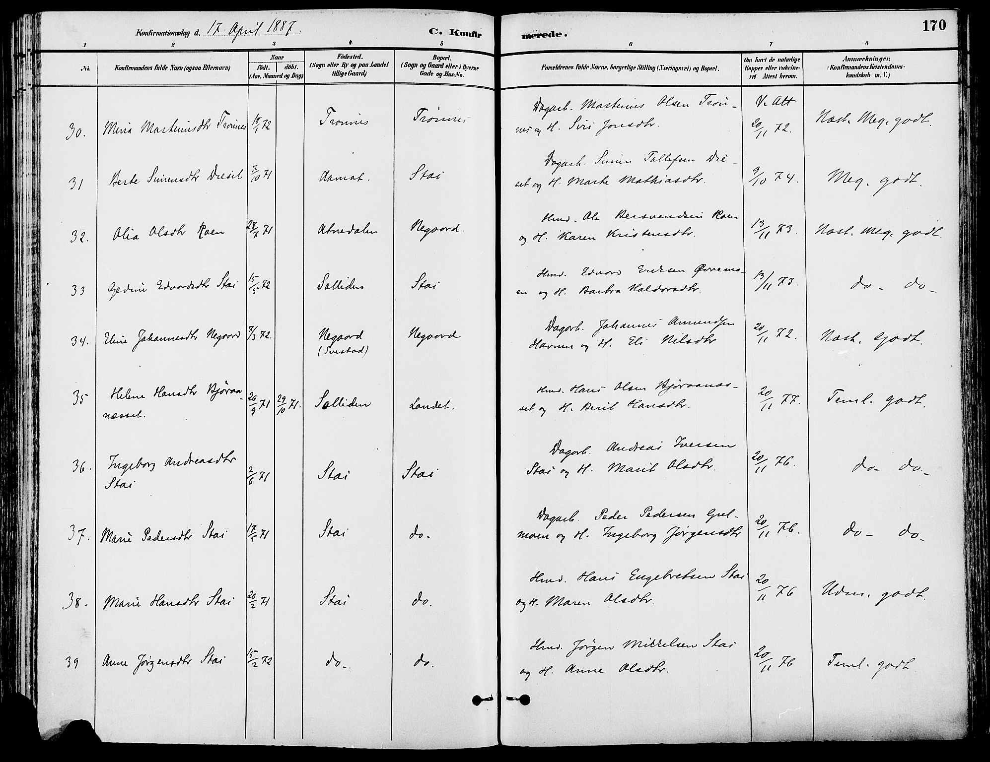 Stor-Elvdal prestekontor, SAH/PREST-052/H/Ha/Haa/L0002: Parish register (official) no. 2, 1882-1907, p. 170