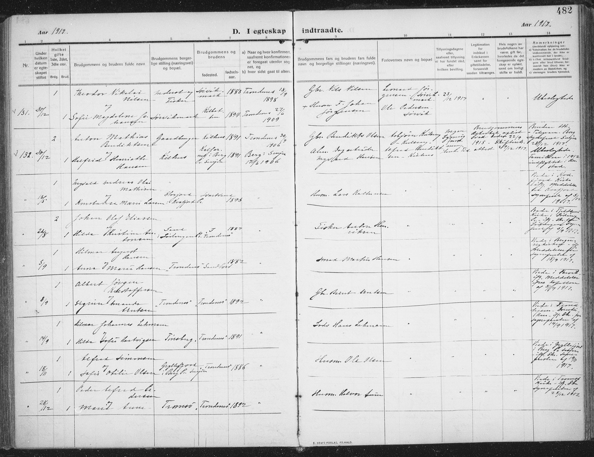 Trondenes sokneprestkontor, SATØ/S-1319/H/Ha/L0018kirke: Parish register (official) no. 18, 1909-1918, p. 482