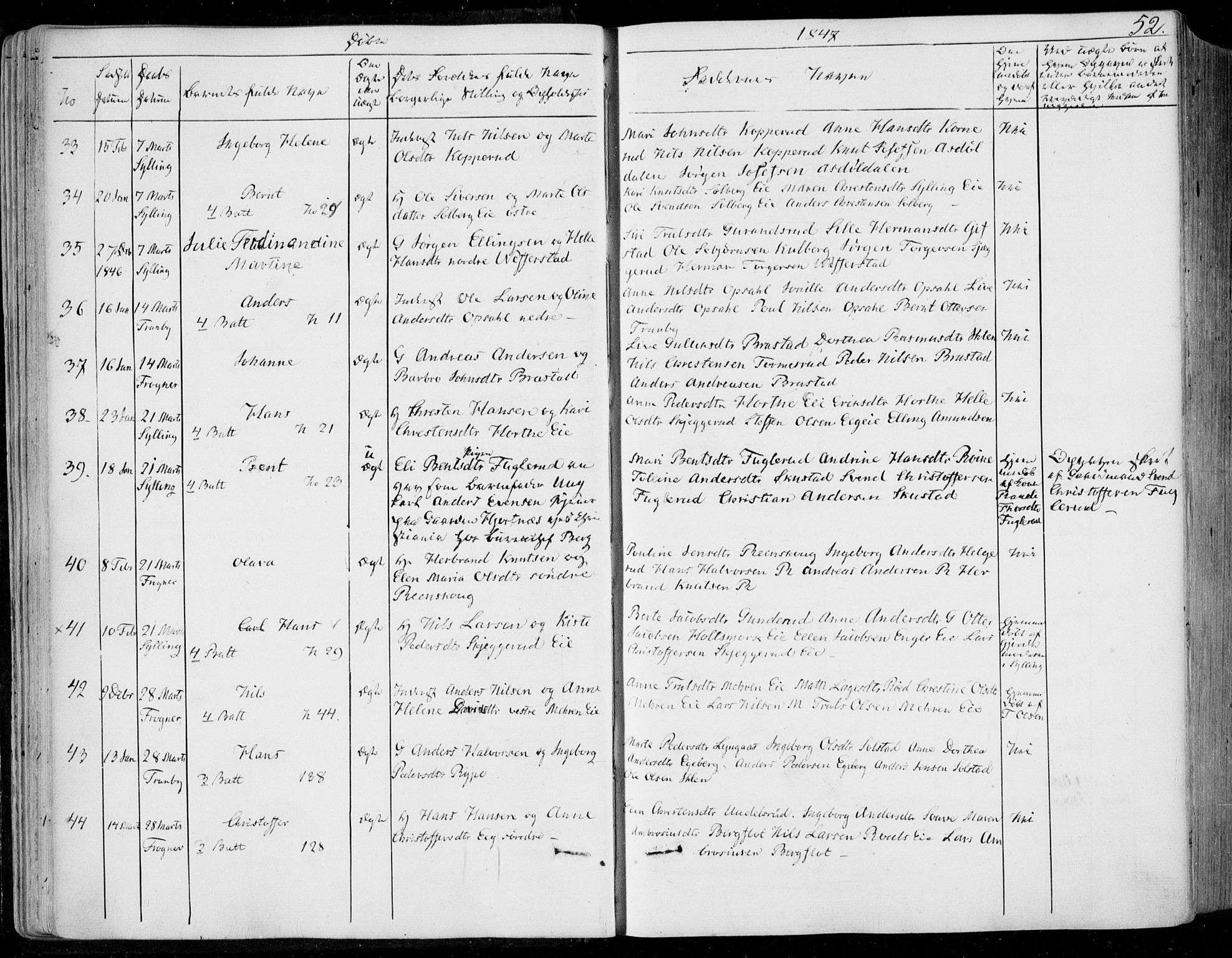 Lier kirkebøker, SAKO/A-230/F/Fa/L0011: Parish register (official) no. I 11, 1843-1854, p. 52