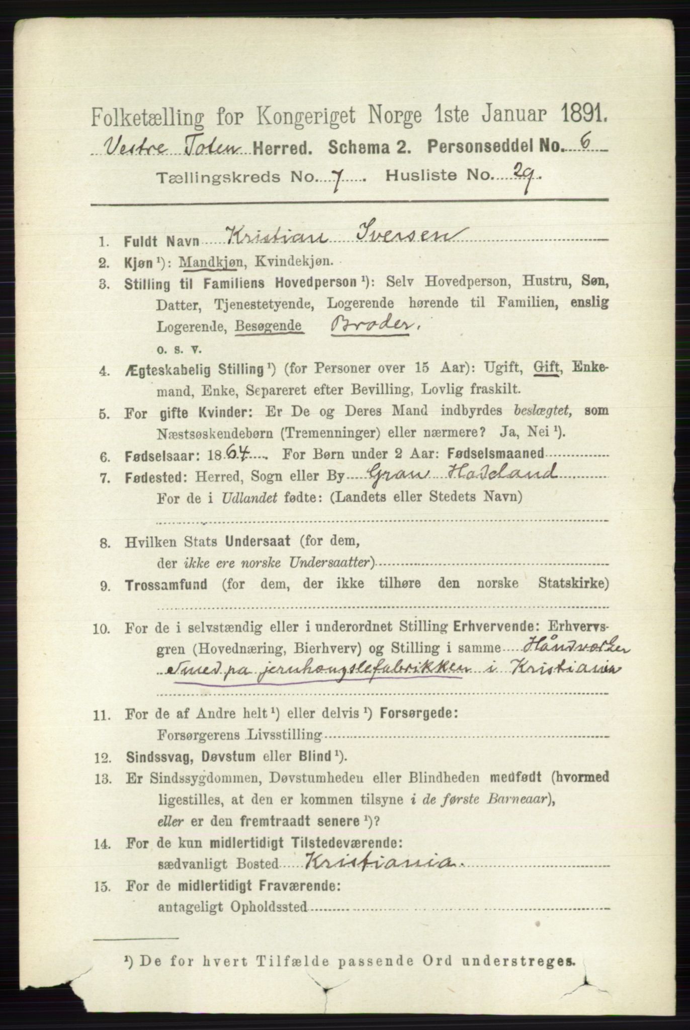 RA, 1891 census for 0529 Vestre Toten, 1891, p. 4541