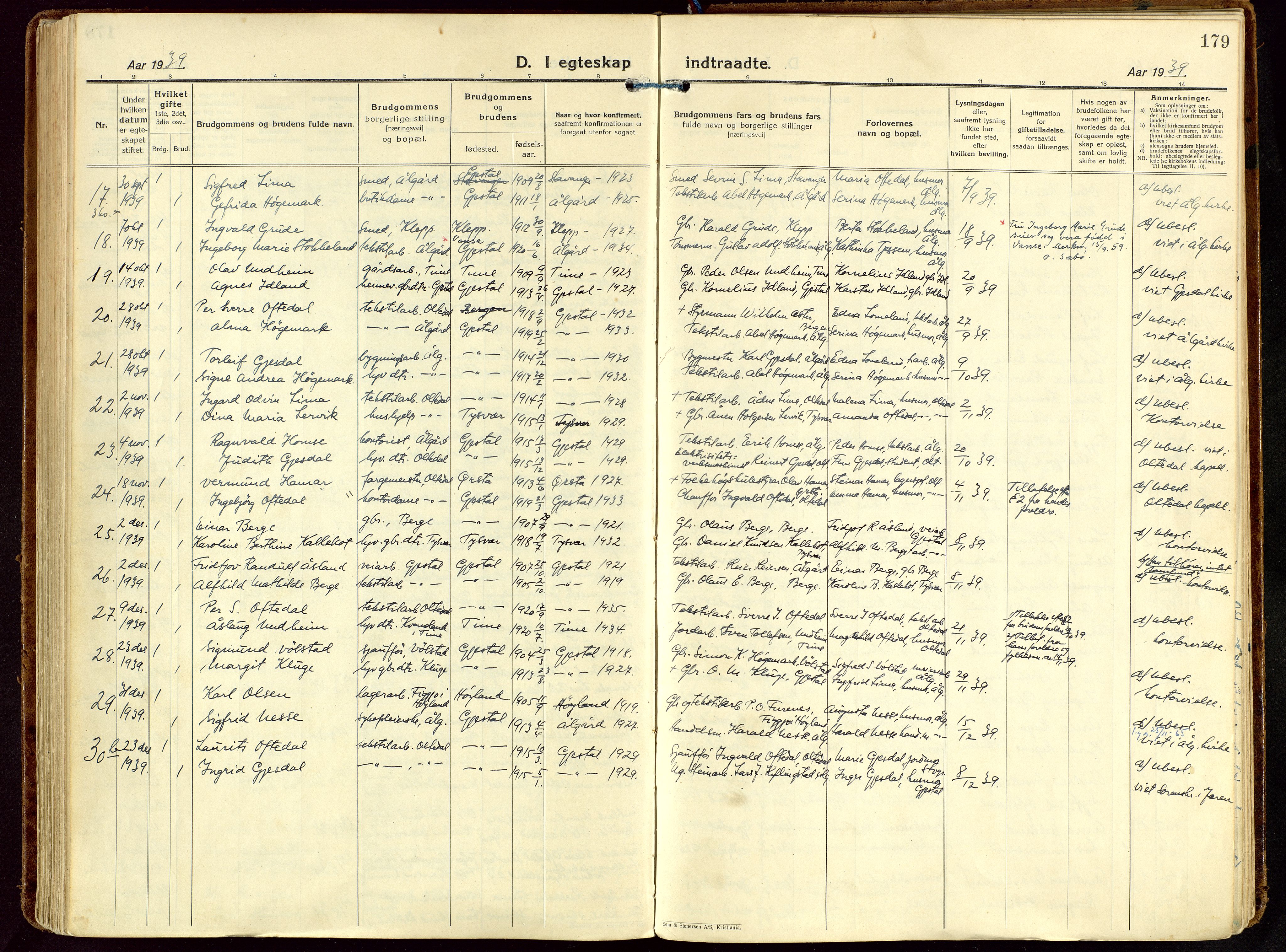 Gjesdal sokneprestkontor, AV/SAST-A-101796/003/O/L0001: Parish register (official) no. A 1, 1925-1949, p. 179