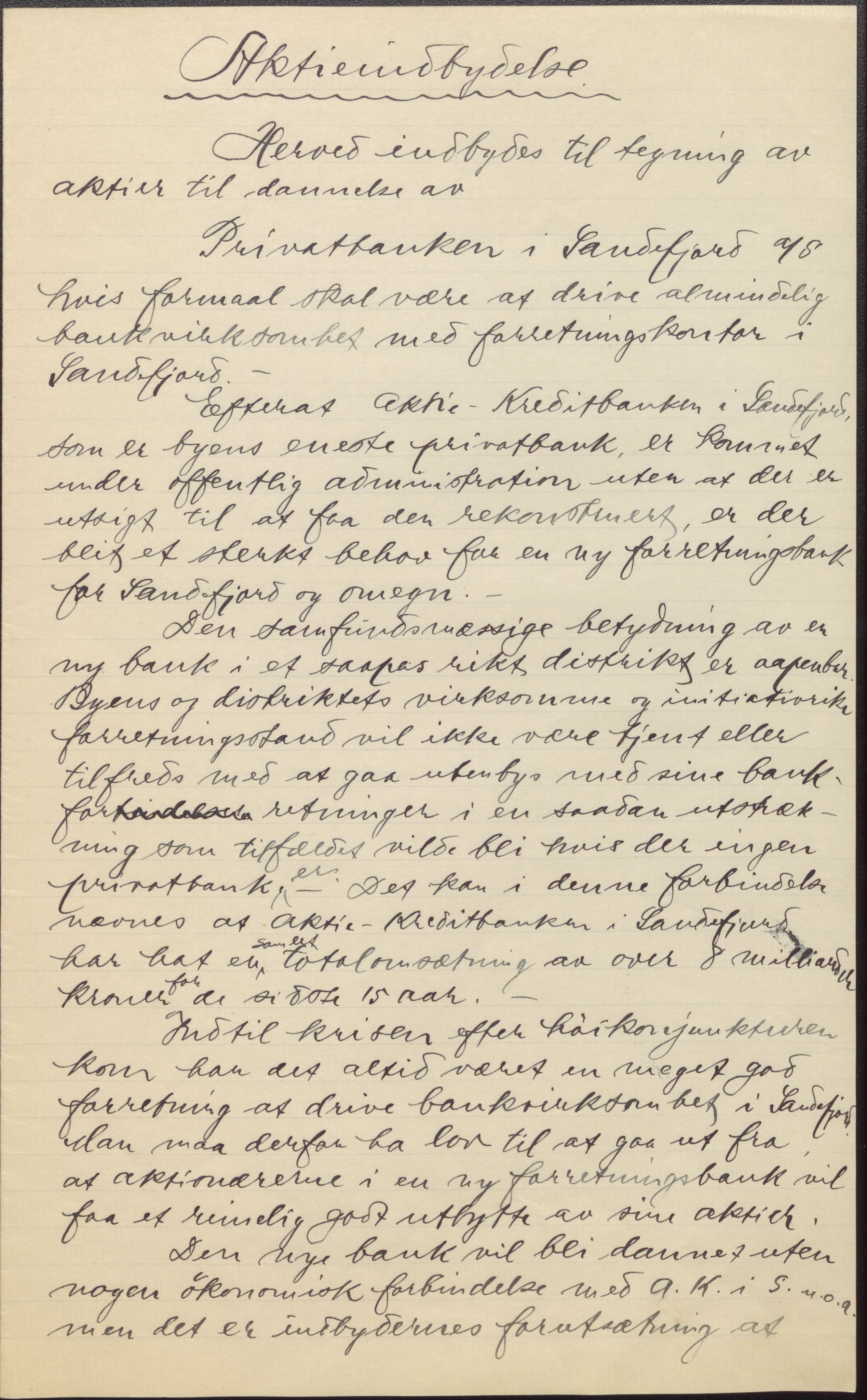 Privatbanken i Sandefjord AS, VEMU/ARS-A-1256/A/Ad/L0001/0004: Opprettelsen av Privatbanken / Dokumentasjon vedrørende Privatbankens opprettelse, 1928