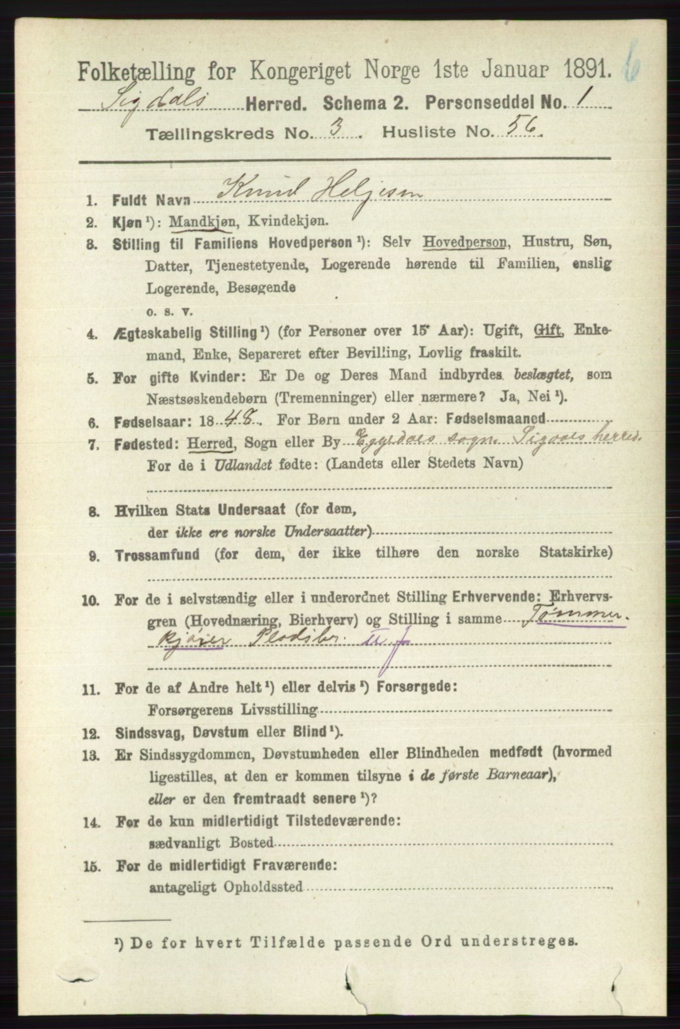 RA, 1891 census for 0621 Sigdal, 1891, p. 4613