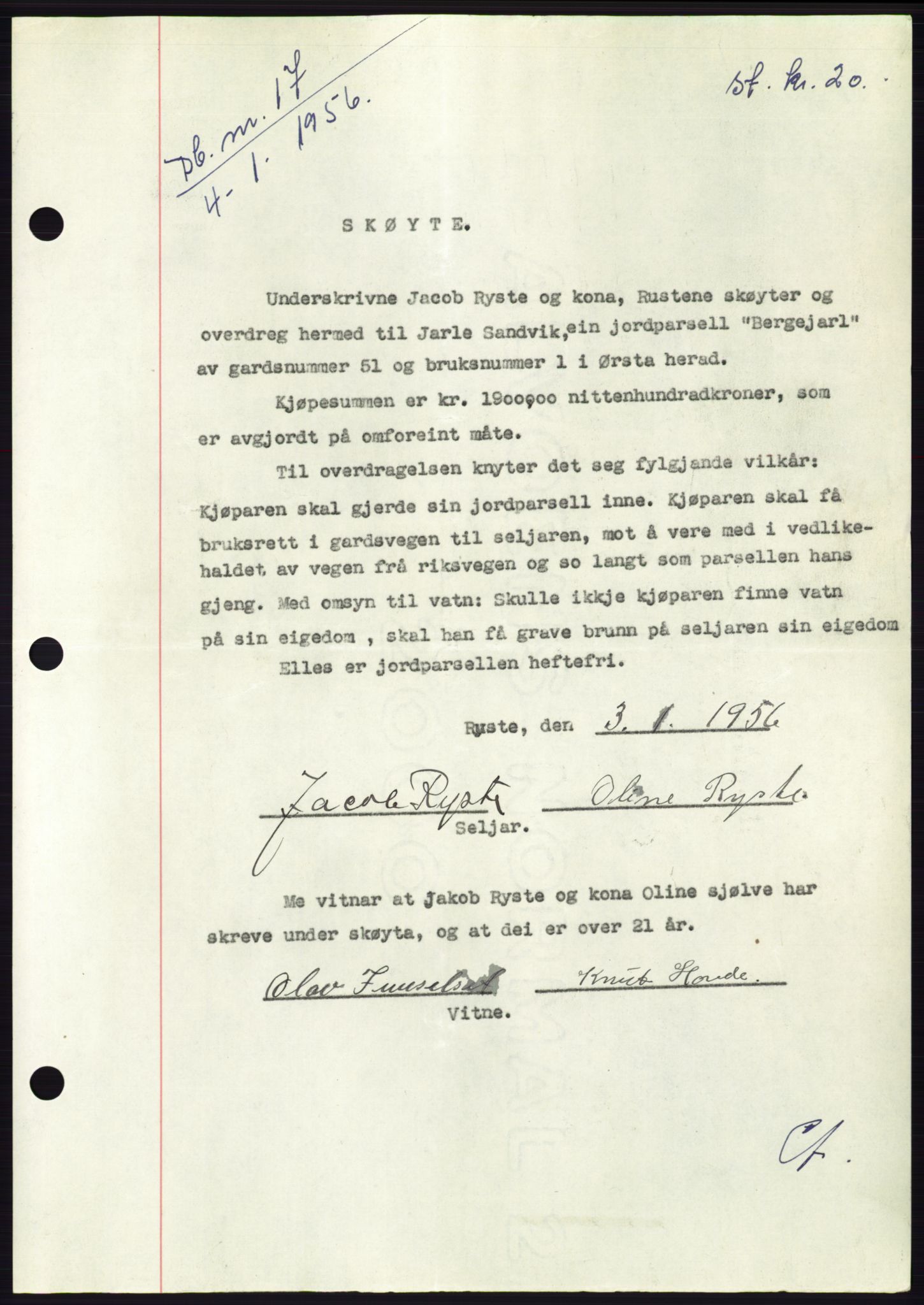 Søre Sunnmøre sorenskriveri, AV/SAT-A-4122/1/2/2C/L0102: Mortgage book no. 28A, 1955-1956, Diary no: : 17/1956