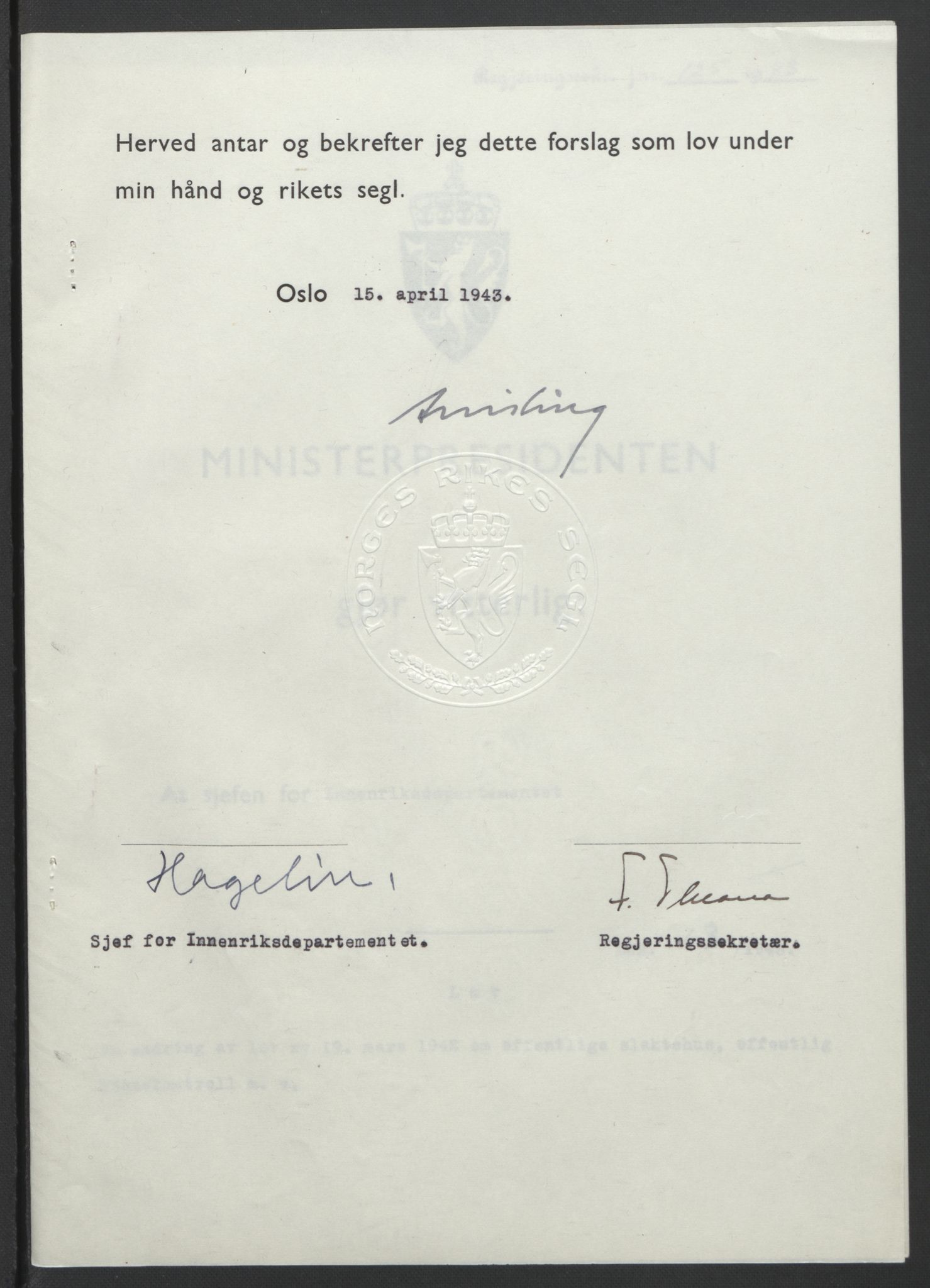 NS-administrasjonen 1940-1945 (Statsrådsekretariatet, de kommisariske statsråder mm), RA/S-4279/D/Db/L0099: Lover, 1943, p. 295