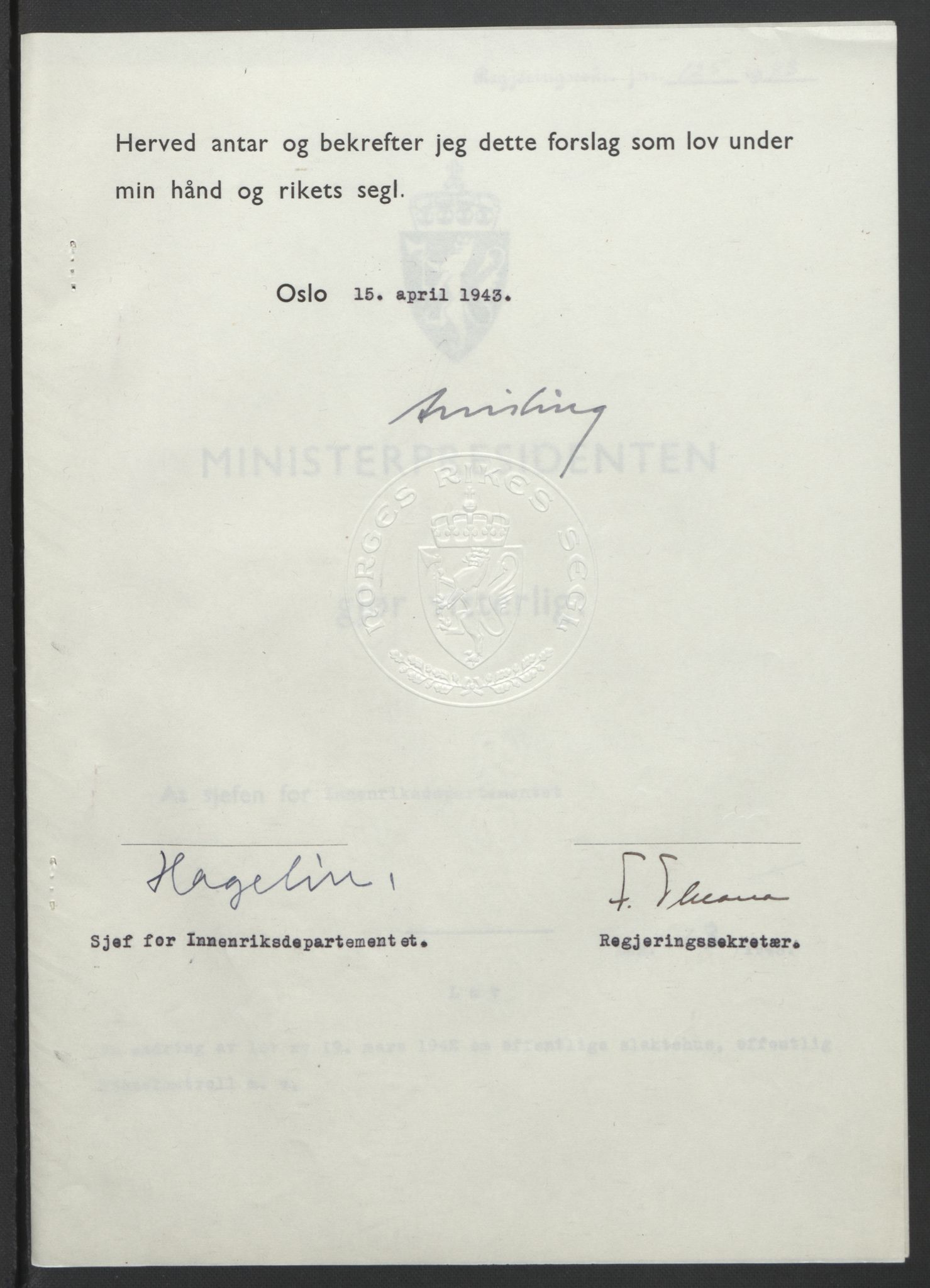 NS-administrasjonen 1940-1945 (Statsrådsekretariatet, de kommisariske statsråder mm), AV/RA-S-4279/D/Db/L0099: Lover, 1943, p. 295