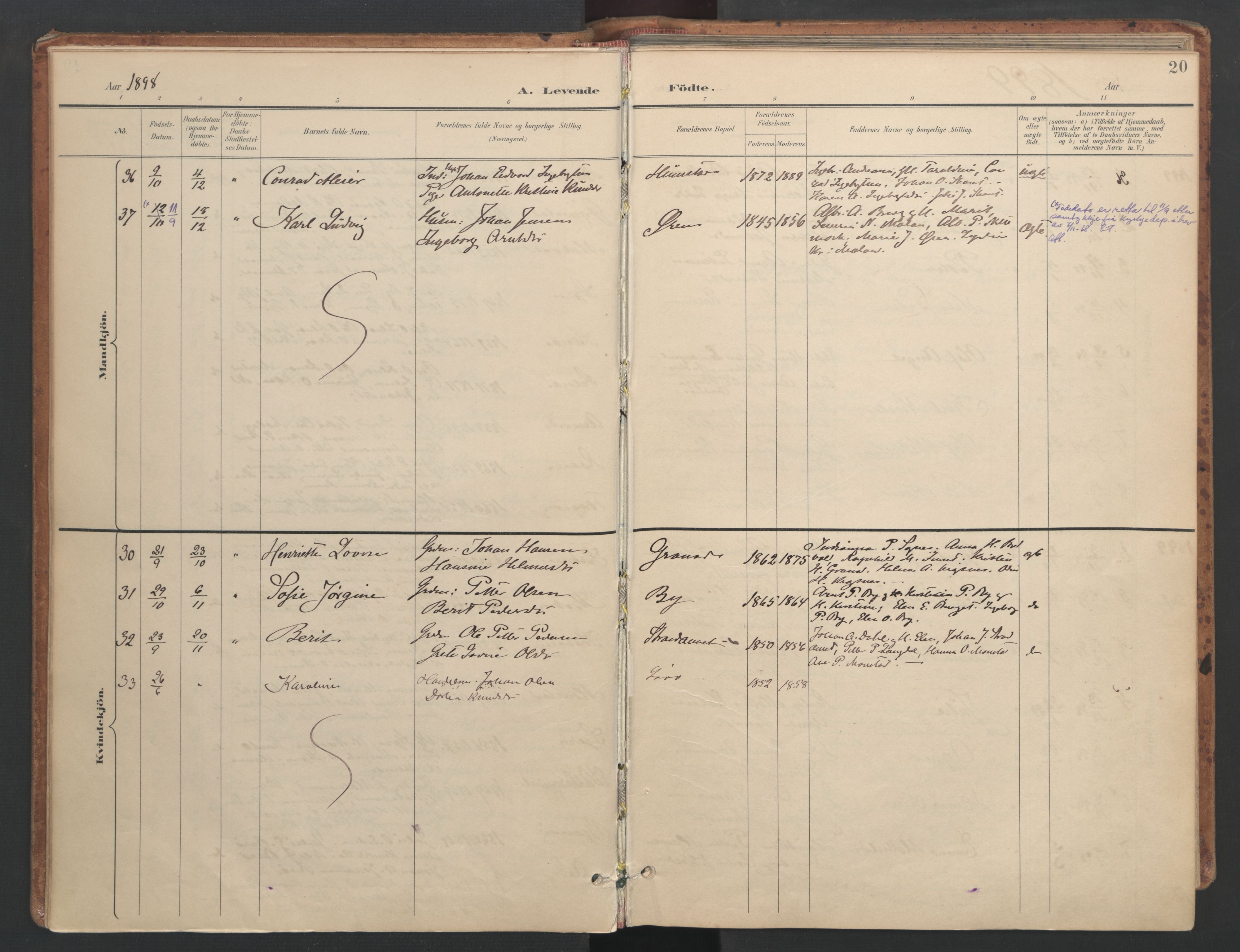 Ministerialprotokoller, klokkerbøker og fødselsregistre - Sør-Trøndelag, SAT/A-1456/655/L0681: Parish register (official) no. 655A10, 1895-1907, p. 20