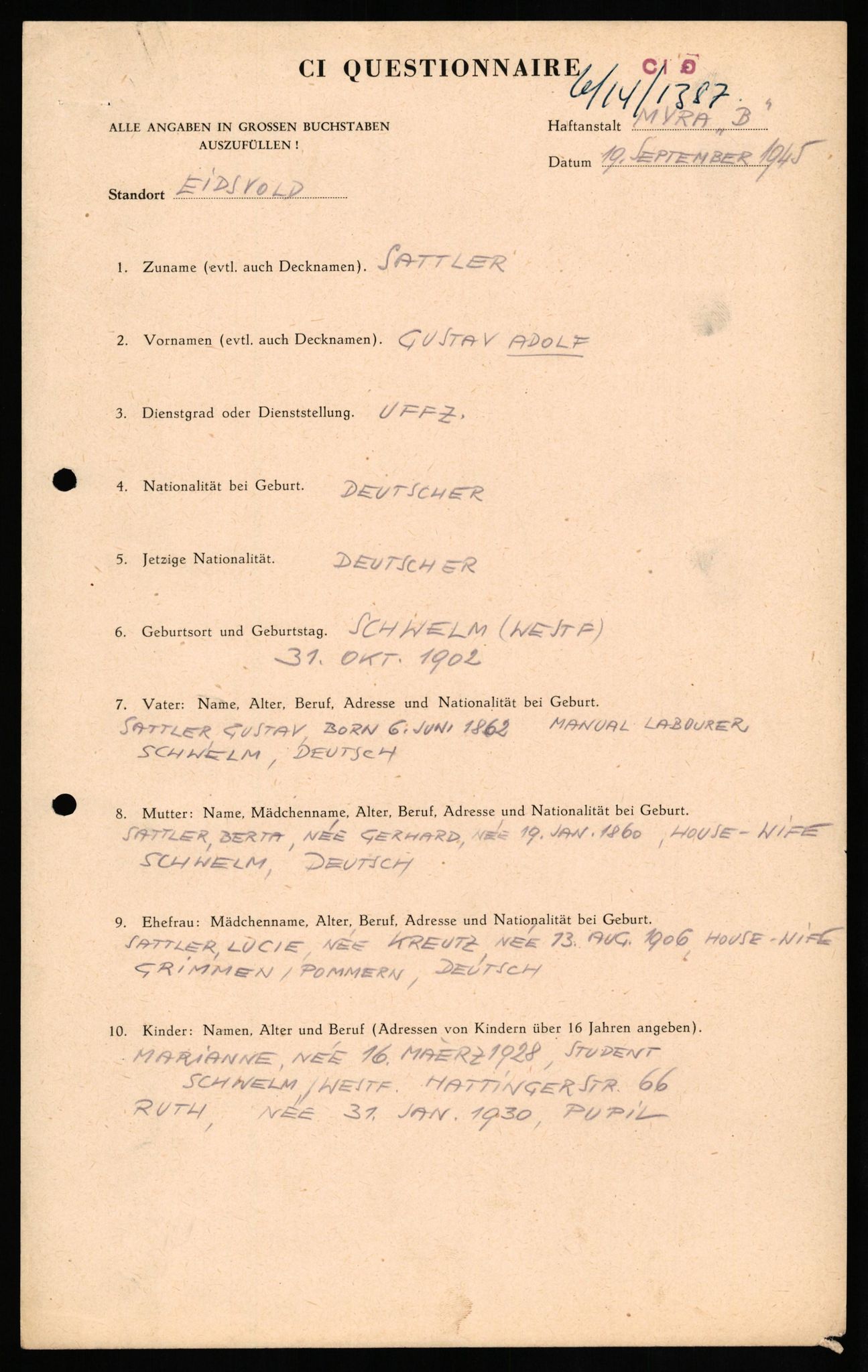 Forsvaret, Forsvarets overkommando II, RA/RAFA-3915/D/Db/L0028: CI Questionaires. Tyske okkupasjonsstyrker i Norge. Tyskere., 1945-1946, p. 475