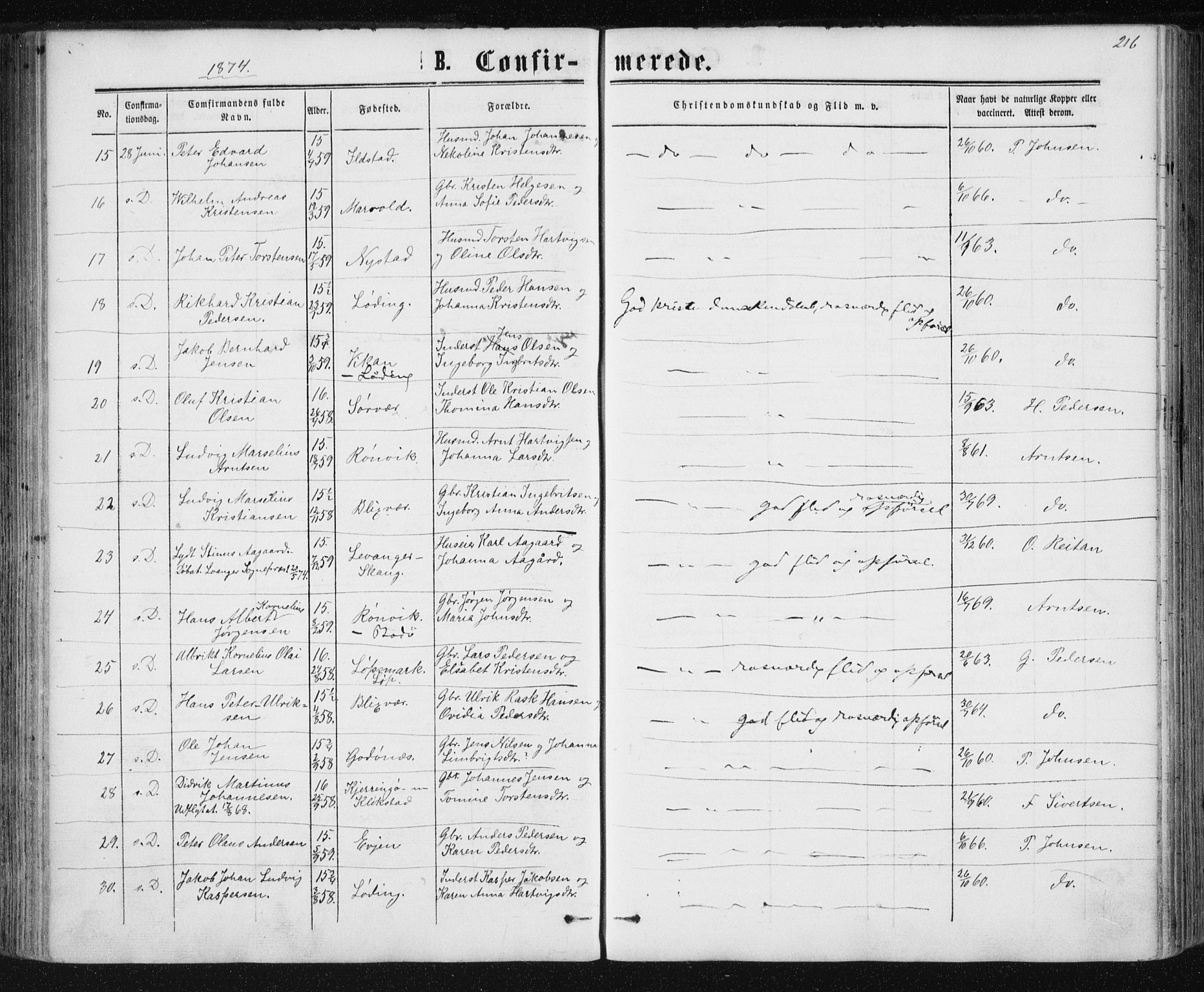 Ministerialprotokoller, klokkerbøker og fødselsregistre - Nordland, SAT/A-1459/801/L0008: Parish register (official) no. 801A08, 1864-1875, p. 216