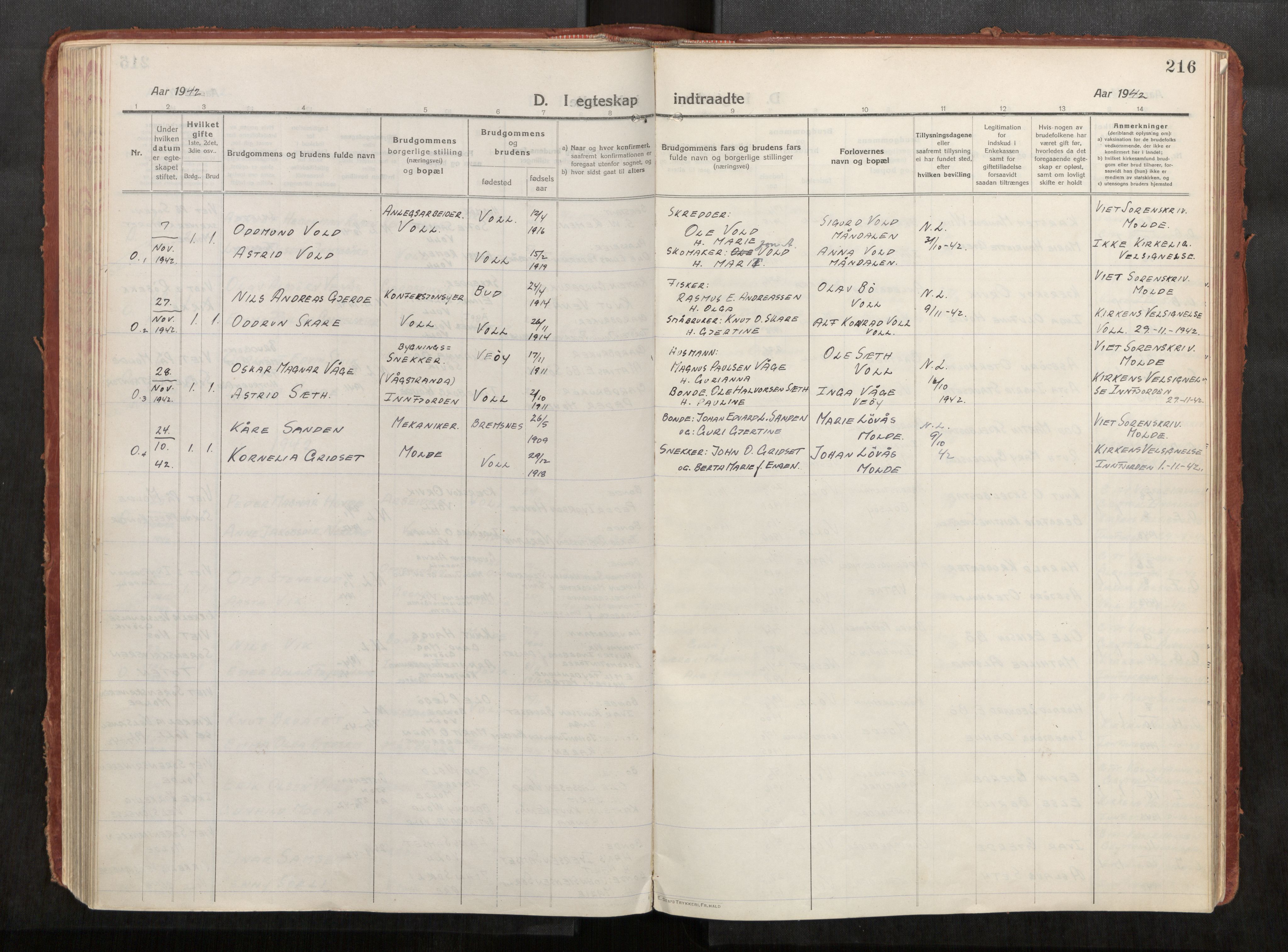 Eid sokneprestkontor, AV/SAT-A-1254: Parish register (official) no. 543A04, 1916-1956, p. 216