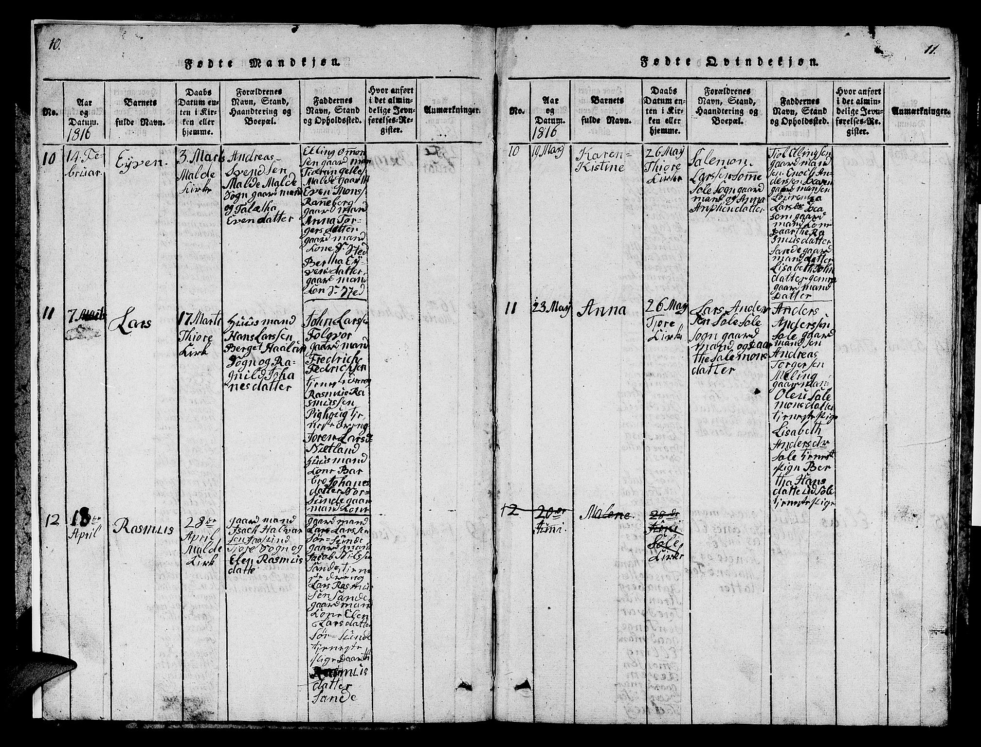 Håland sokneprestkontor, AV/SAST-A-101802/001/30BB/L0001: Parish register (copy) no. B 1, 1815-1845, p. 10-11