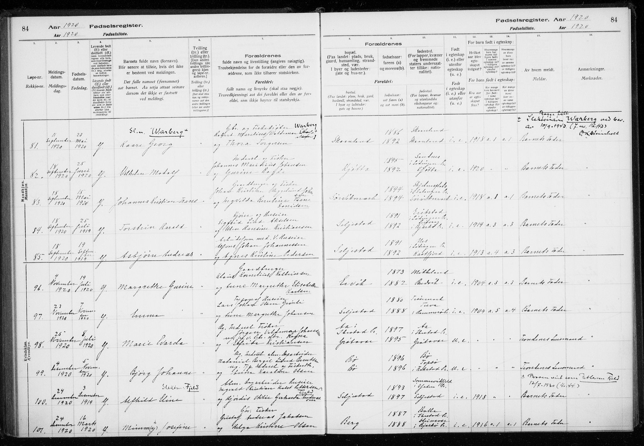 Trondenes sokneprestkontor, AV/SATØ-S-1319/I/Ia/L0089: Birth register no. 89, 1916-1925, p. 84