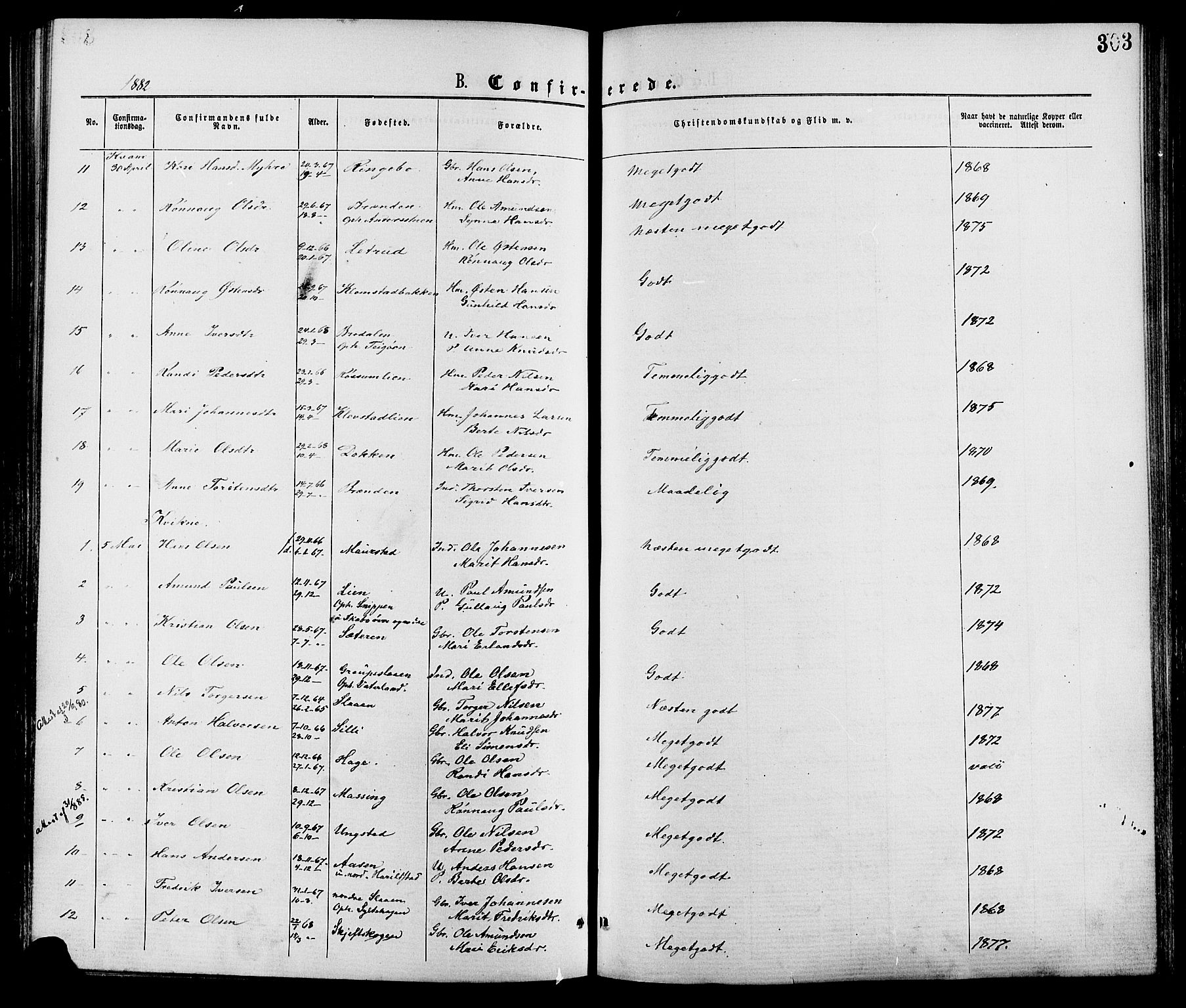 Nord-Fron prestekontor, AV/SAH-PREST-080/H/Ha/Haa/L0002: Parish register (official) no. 2, 1865-1883, p. 303