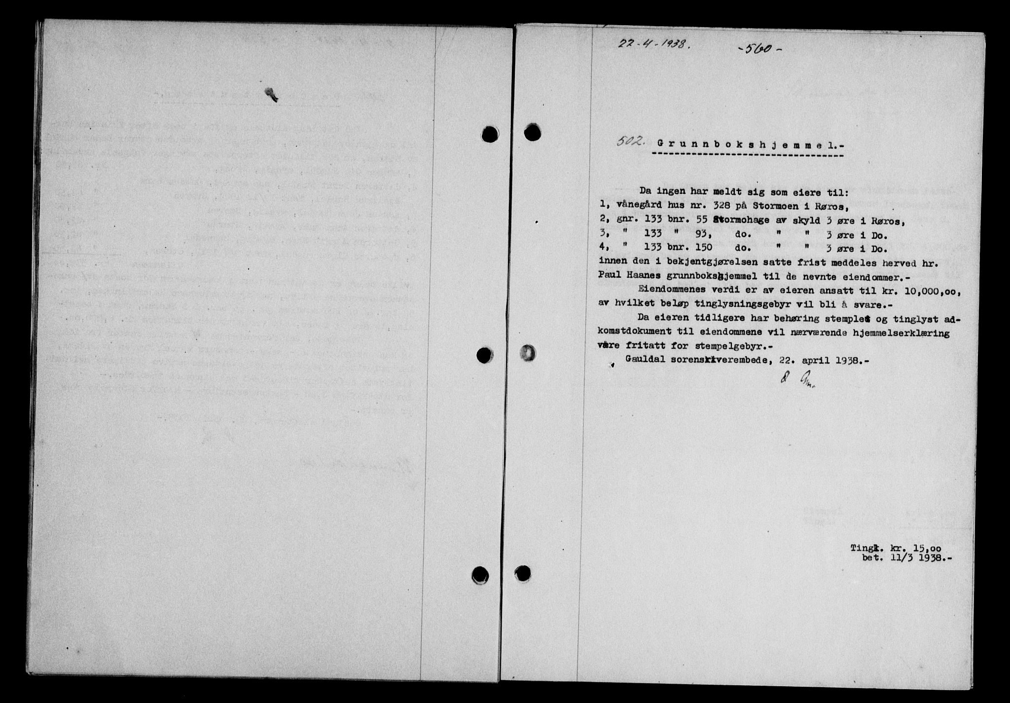 Gauldal sorenskriveri, SAT/A-0014/1/2/2C/L0048: Mortgage book no. 51-52, 1937-1938, p. 560, Diary no: : 502/1938