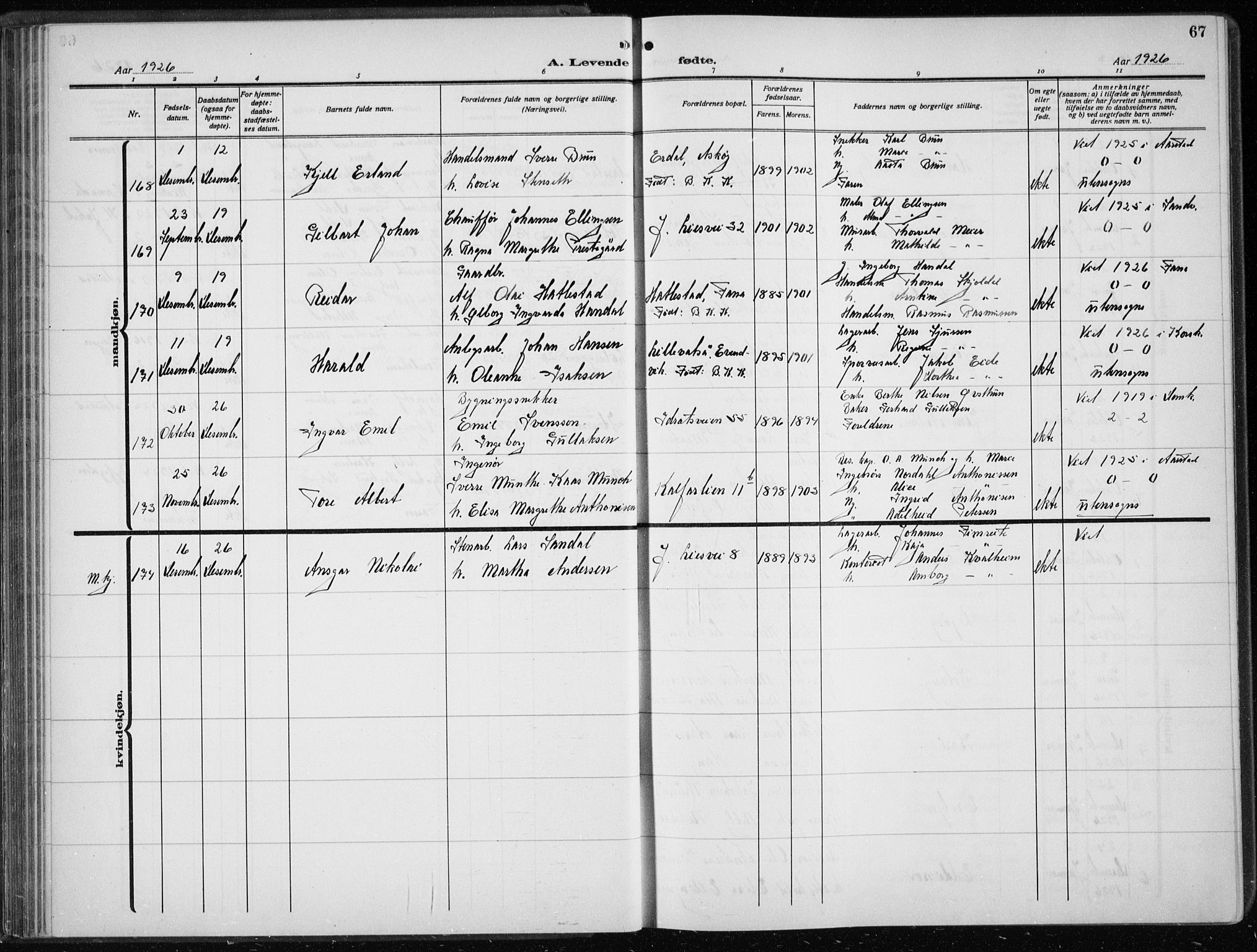 Årstad Sokneprestembete, AV/SAB-A-79301/H/Hab/L0005: Parish register (copy) no. A 5, 1924-1934, p. 67