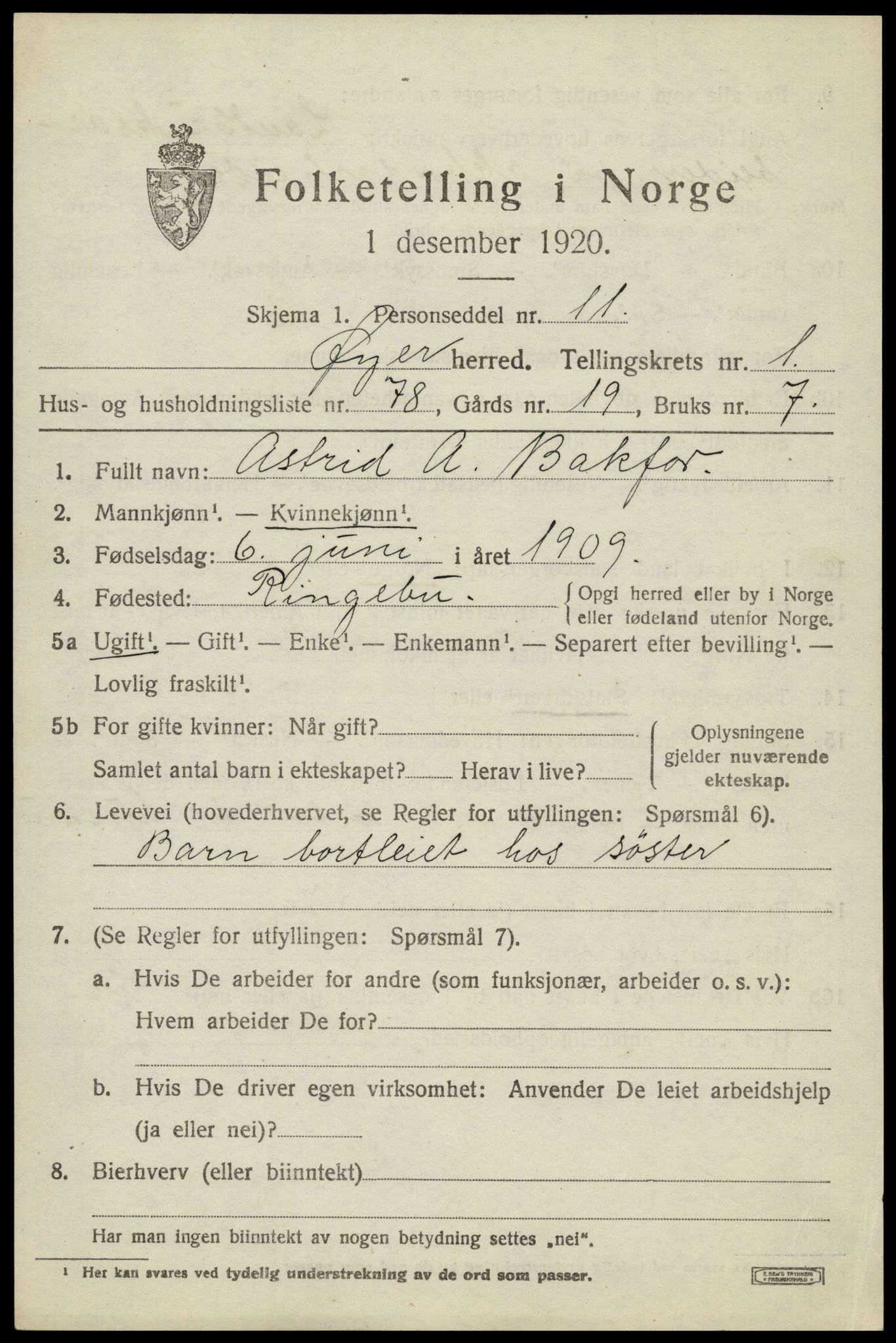 SAH, 1920 census for Øyer, 1920, p. 2127