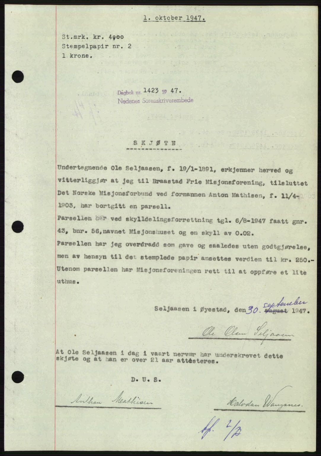Nedenes sorenskriveri, AV/SAK-1221-0006/G/Gb/Gba/L0058: Mortgage book no. A10, 1947-1948, Diary no: : 1423/1947