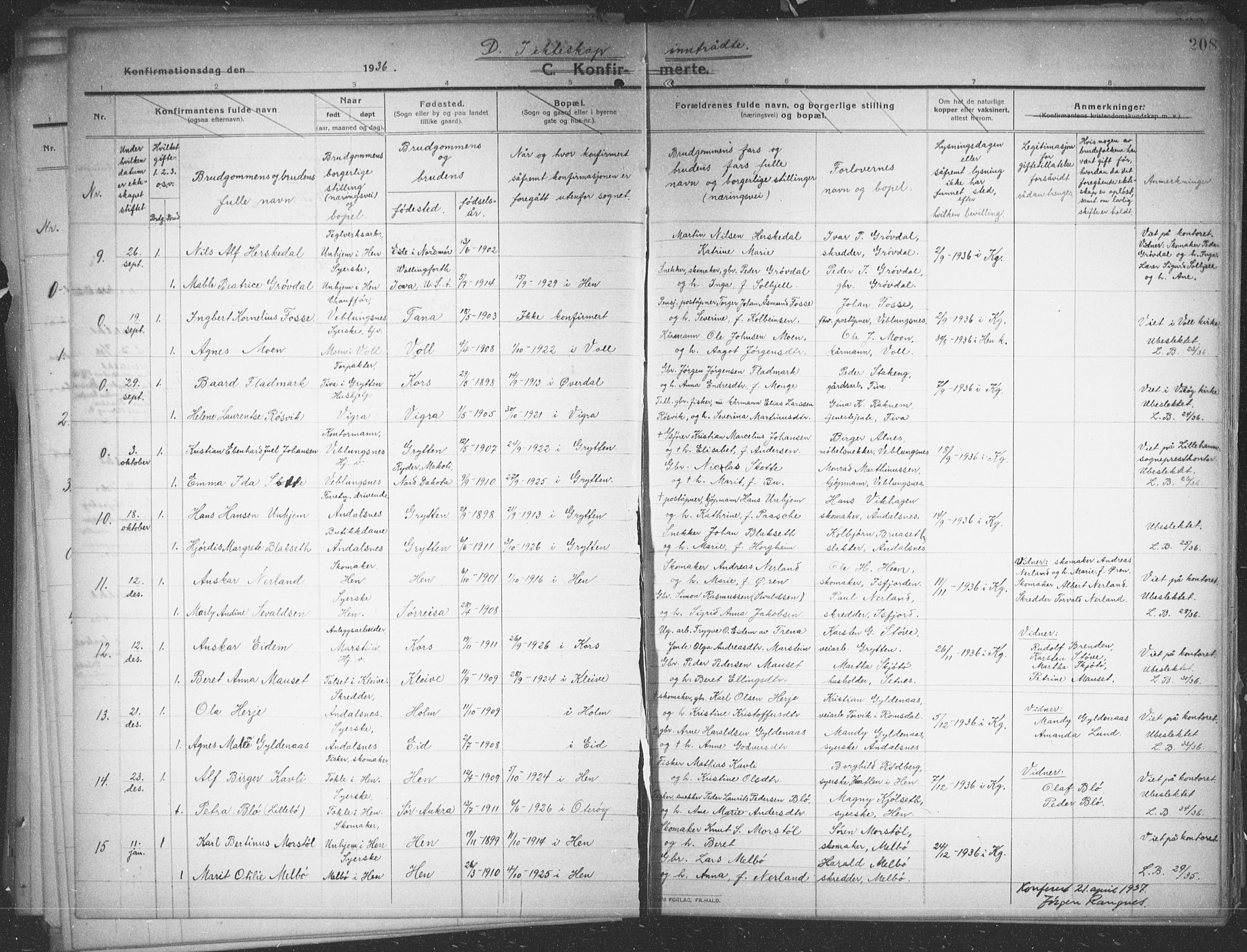 Ministerialprotokoller, klokkerbøker og fødselsregistre - Møre og Romsdal, AV/SAT-A-1454/544/L0581: Parish register (copy) no. 544C03, 1910-1937, p. 208