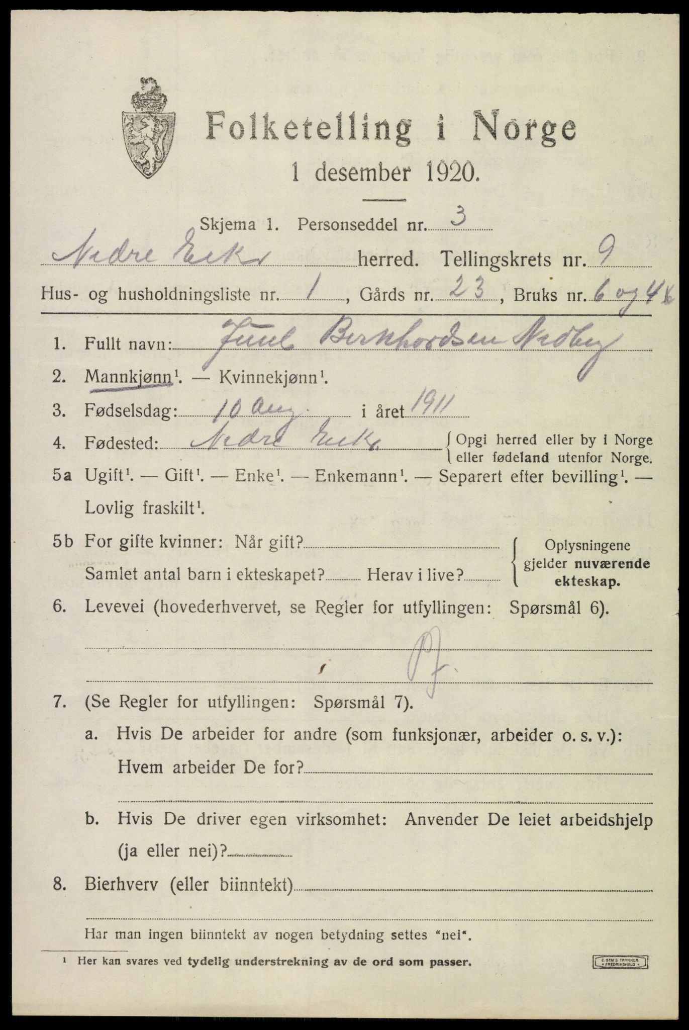 SAKO, 1920 census for Nedre Eiker, 1920, p. 9261